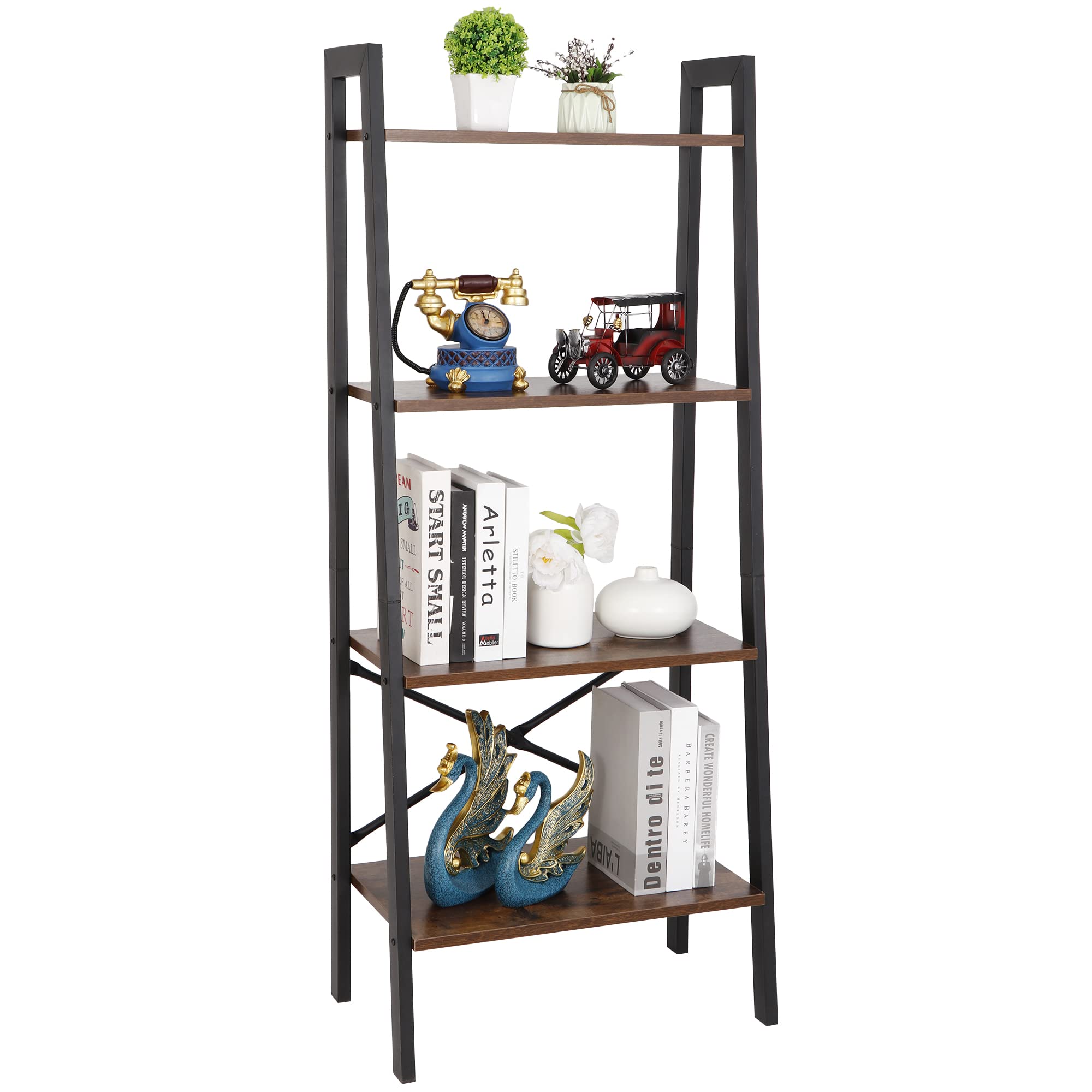 ZenStyle 4-Tier Rustic Ladder Bookshelf - Wood & Metal Leaning Wall Shelf for Home Storage, Decor, Plants | Perfect for Living Room, Bedroom, Office, Kitchen & Bathroom Organization | Space-Saving Corner Bookcase for Books, Flowers & Display