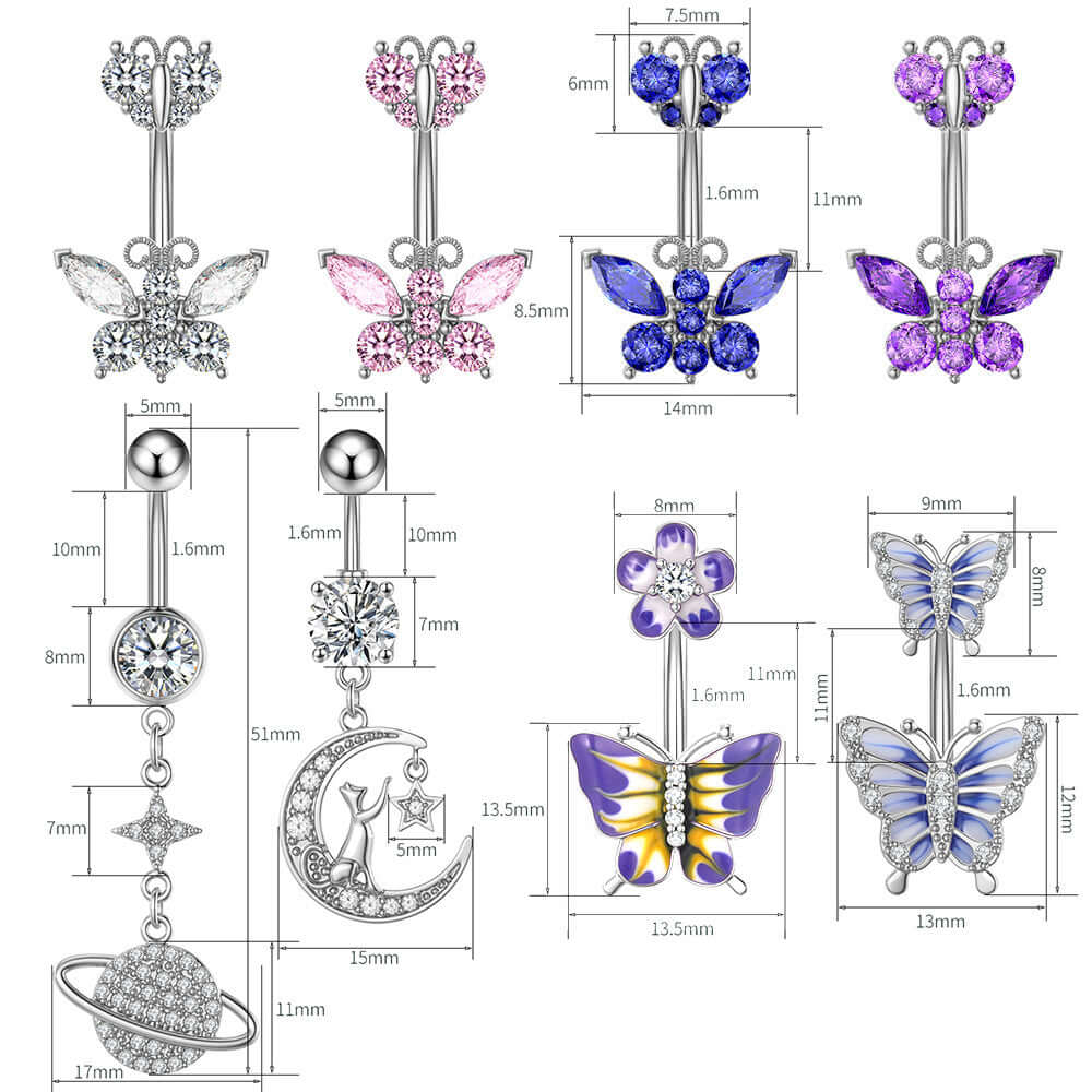 14G Purple CZ Butterfly Double Mount Dangle Belly Button Ring | WH2560 - Stylish Body Jewelry for Women, Perfect for Parties, Beach & Summer Outfits