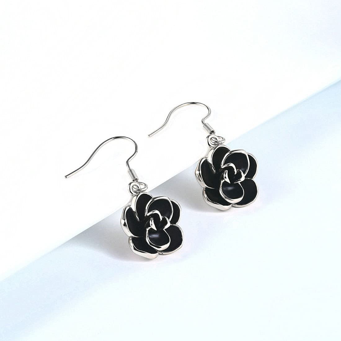18K Rose Gold Plated Black Rose Flower Hook Earrings for Women - Elegant Dangle Earrings for Party, Wedding & Evening Occasions