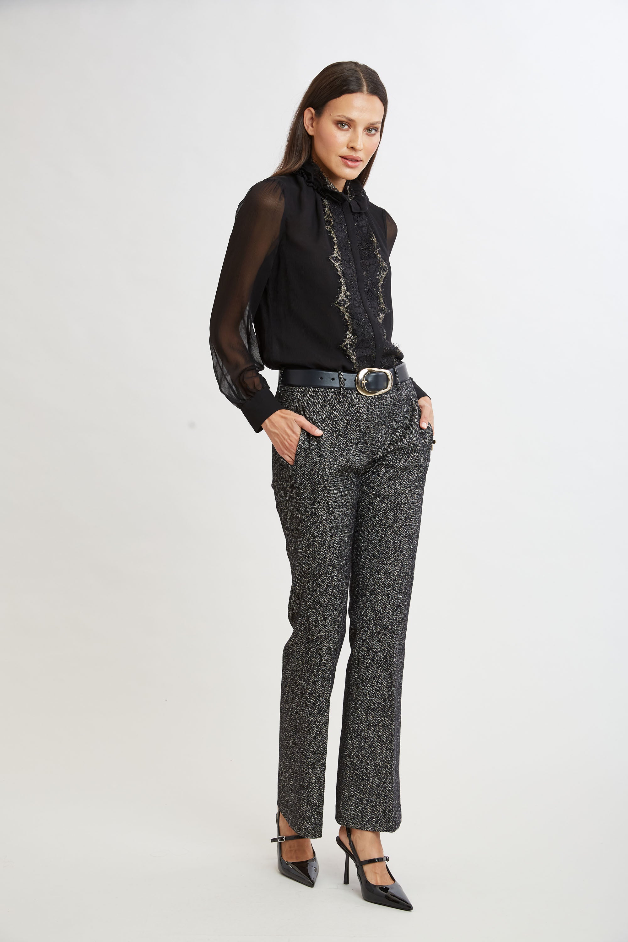 Elegant Metallic Lace Trim Silk Blouse for Women - Perfect for Office Wear, Evening Parties & Special Occasions