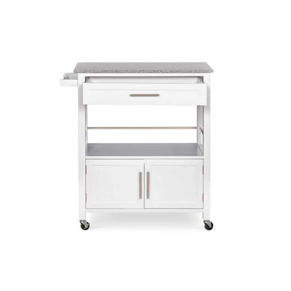 Pemberly Row White Transitional Wood Kitchen Cart with Granite Top - Perfect for Small Spaces, Kitchen Storage & Serving Buffet Style