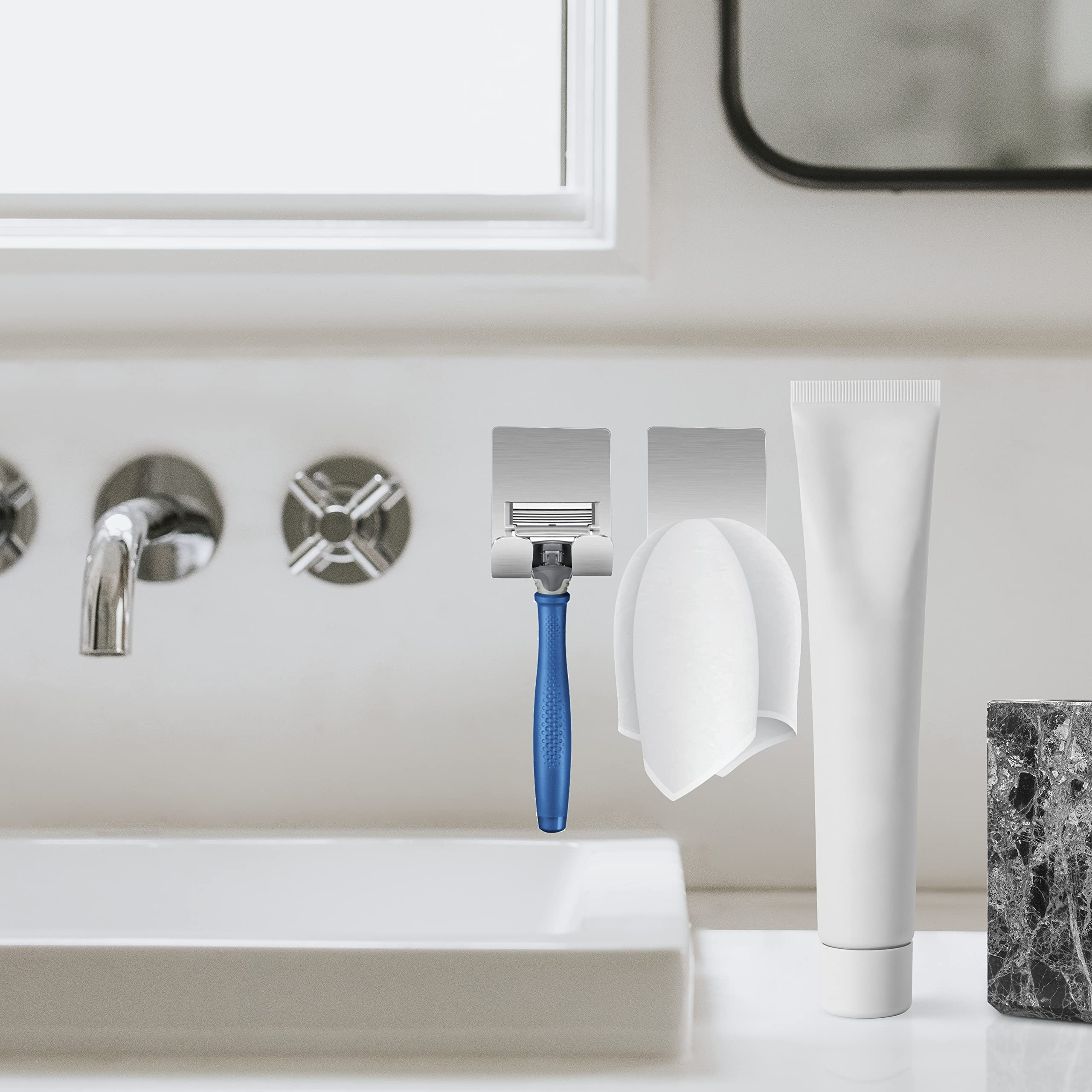 Performore 2-Pack Stainless Steel Razor Holder with Strong 3M Adhesive - Waterproof Shower Hooks for Towel, Blade & Shaver Storage | Bathroom, Kitchen & Travel Organizer for Razors, Toothbrushes & Small Essentials