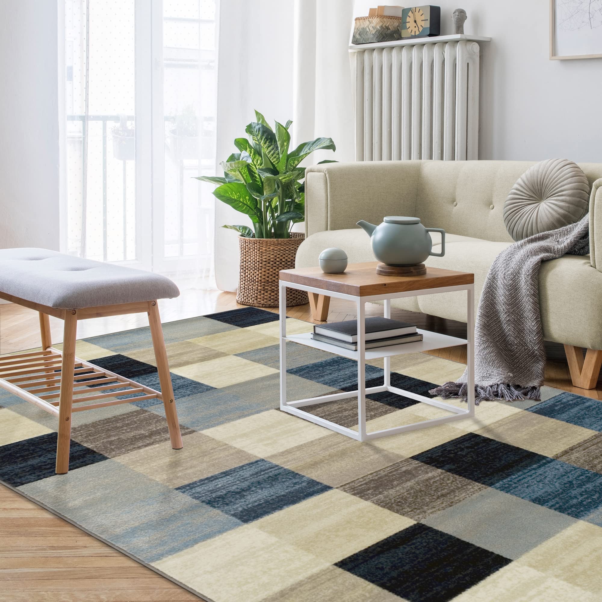 Premium Modern Geometric Indoor Area Rug - Neutral Beige Woven Jute-Backed Carpet for Living Room, Dining, Kitchen, Bedroom, Office & Nursery | Rockaway Collection 5' x 8' | Soft & Durable Home Decor for Cozy Spaces & High-Traffic Areas