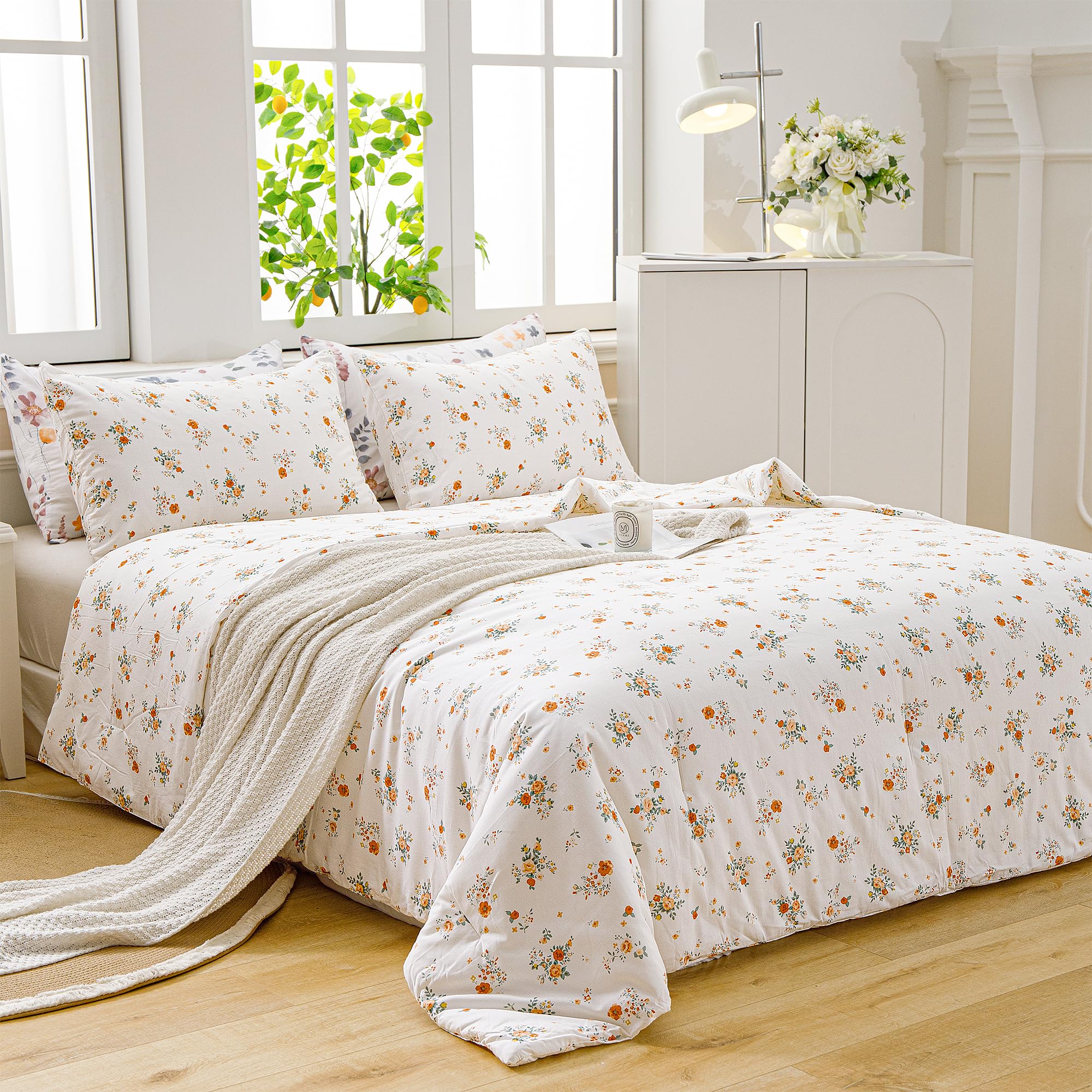 ATsense Queen Comforter Set - 3 Piece White Floral Botanical Bedding | All Season Soft Cotton Comforter with 2 Pillowcases | Perfect for Master Bedroom, Guest Room & Cozy Home Decor