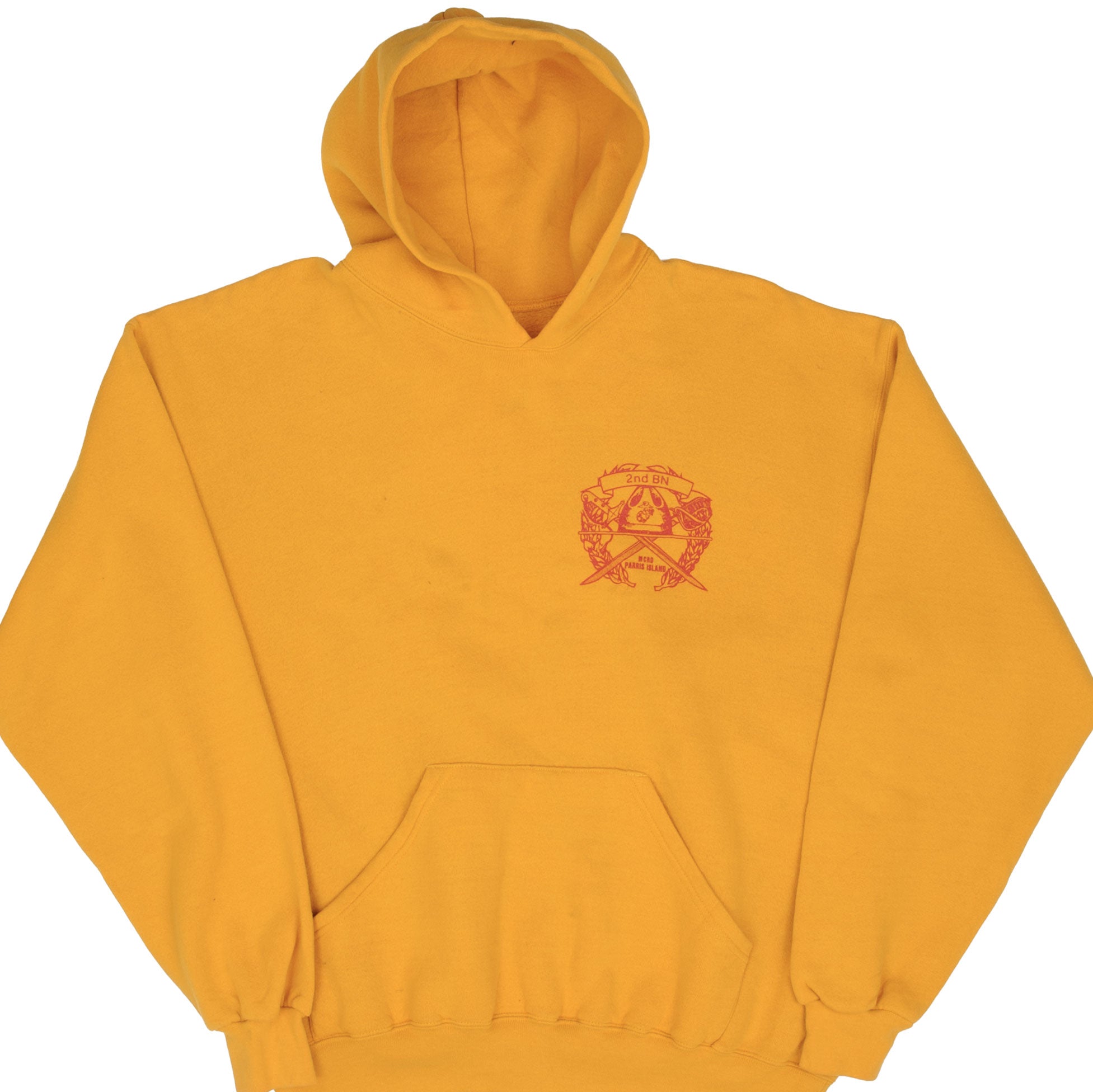 Vintage USMC 2nd Battalion Parris Island Yellow Hooded Sweatshirt - 1990s Retro Military Style Pullover (Size Large) | Perfect for Veterans Day, Military Reunions & Casual Wear