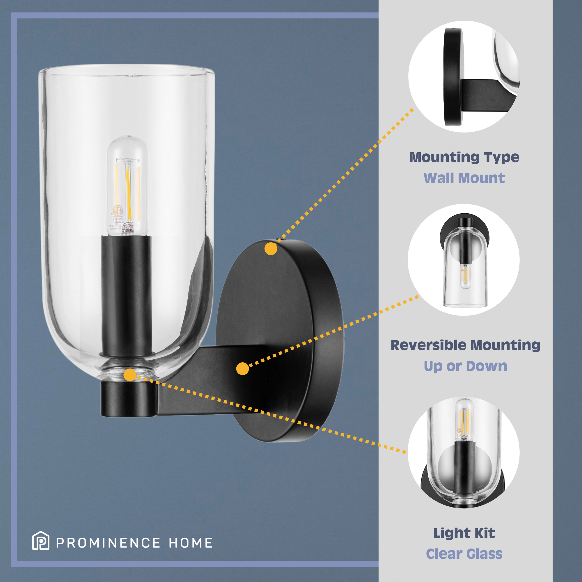 1 Light Hansley Wall Sconce - Matte Black with Clear Glass Shade for Bedroom, Living Room, or Hallway Lighting