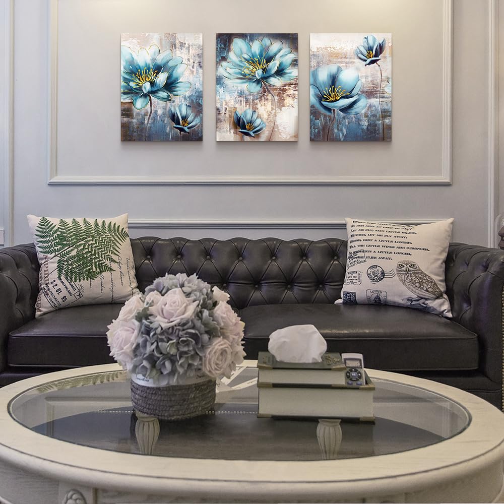 Lapremoly Abstract Blue Flowers Canvas Wall Art Set - 12x16 Inch 3-Piece Modern Wall Decor for Living Room, Bedroom, Office & Kitchen | Perfect for Home Decor, Housewarming Gifts & Interior Design