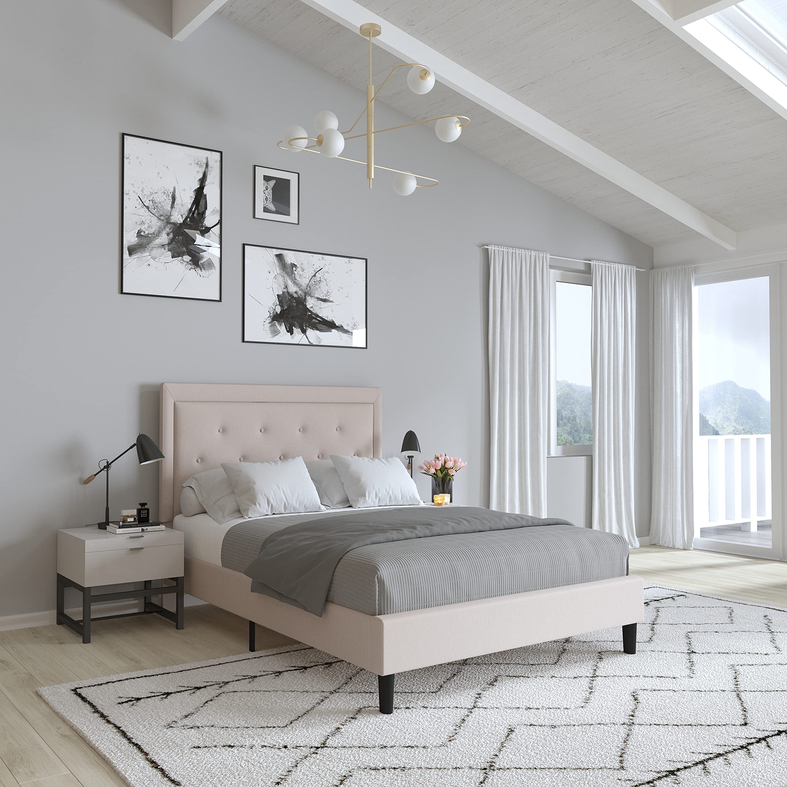Merrick Lane Mallory Full Size Upholstered Platform Bed with Tufted Headboard - Beige Fabric Bed Frame for Master Bedroom & Guest Room
