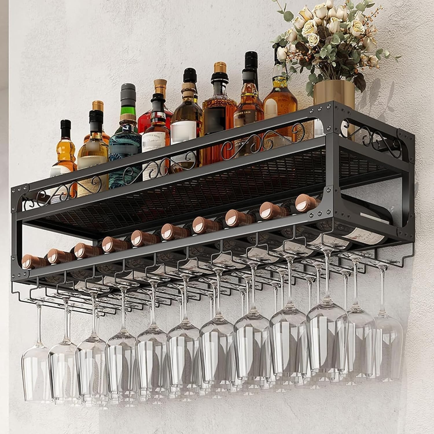 Wall Mounted Wine Rack with Glass Holder - Sturdy Metal Wine Bottle Shelf & Storage Display for Home Bar, Dining Room, Kitchen (Black, 150cm/59in) - Perfect for Entertaining Guests & Organizing Wine Collections