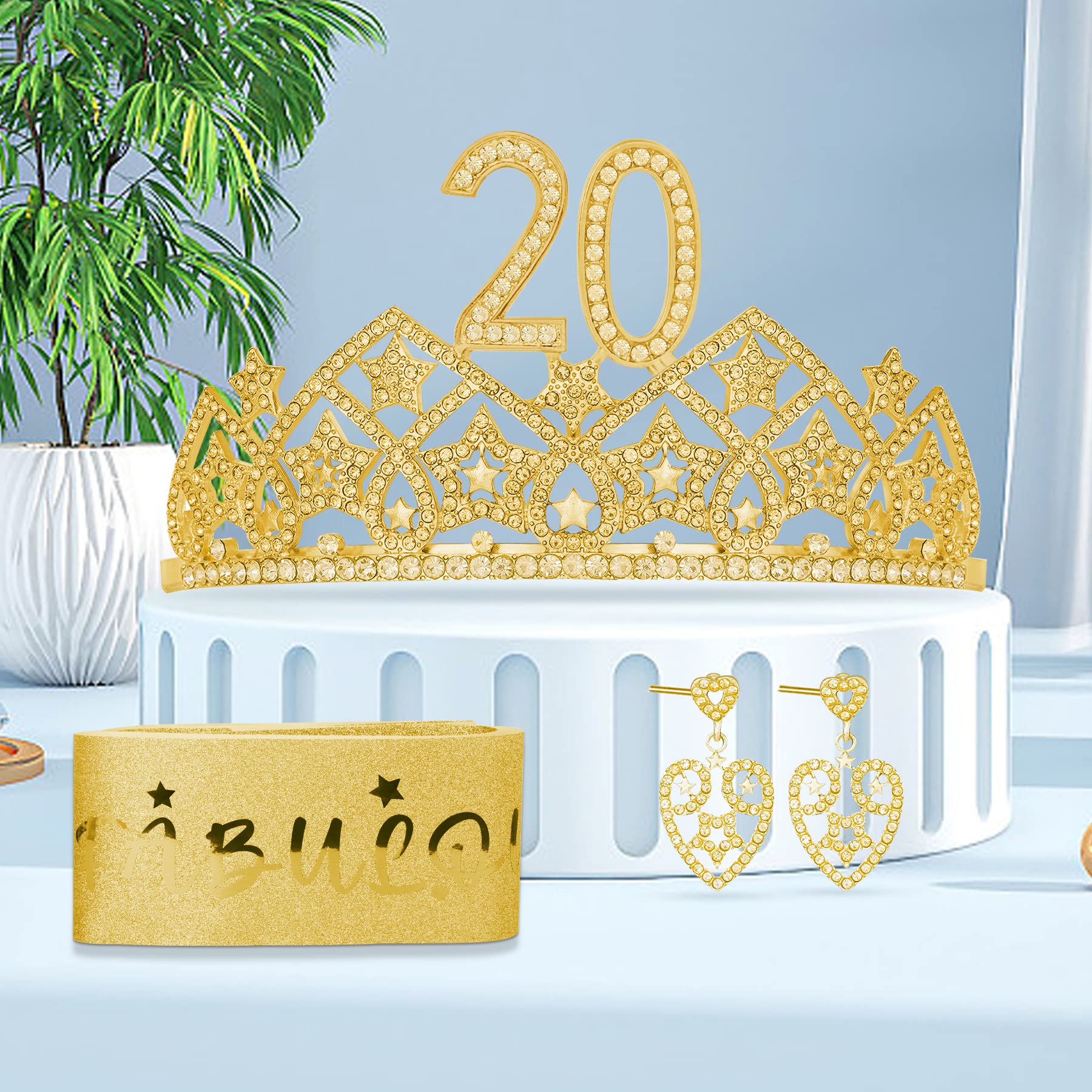 20th Birthday Tiara and Sash Set for Women - Sparkling 20 & Fabulous Crown with Birthday Sash - Perfect 20th Birthday Gift for Girls - Gold/Silver/Pink Options - Great for Birthday Parties, Photo Shoots, and Milestone Celebrations