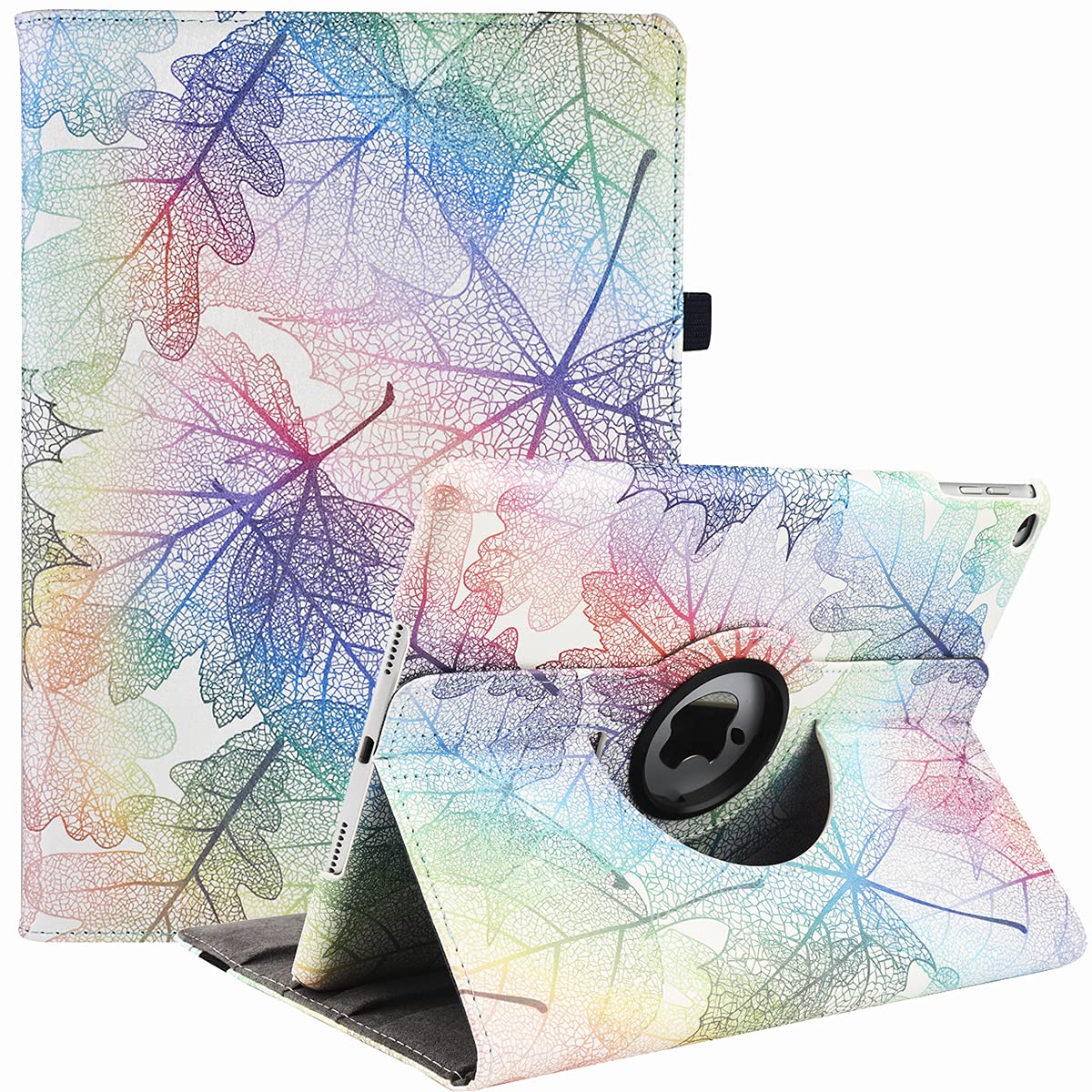 Premium 360° Rotating Multi-Angle Stand Case for iPad 9.7 5th/6th Gen (2017/2018), iPad Air 2 & Air 1 - Auto Sleep/Wake, Durable Folio Cover with Colorful Leaves Design - Perfect for Work, Study & Entertainment