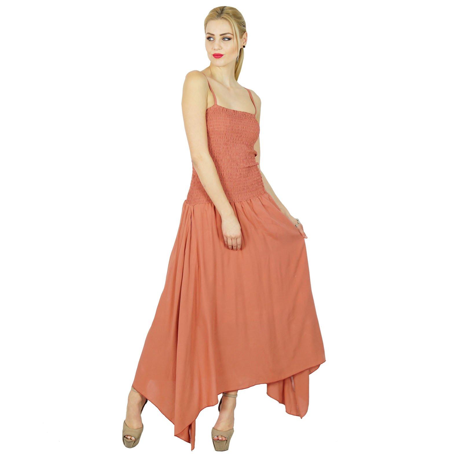 Bimba Women's Long Maxi Dress with Smocked Waist - Spaghetti Strap Casual Summer Dress in Rosy Brown | Perfect for Beach, Vacation & Outdoor Events