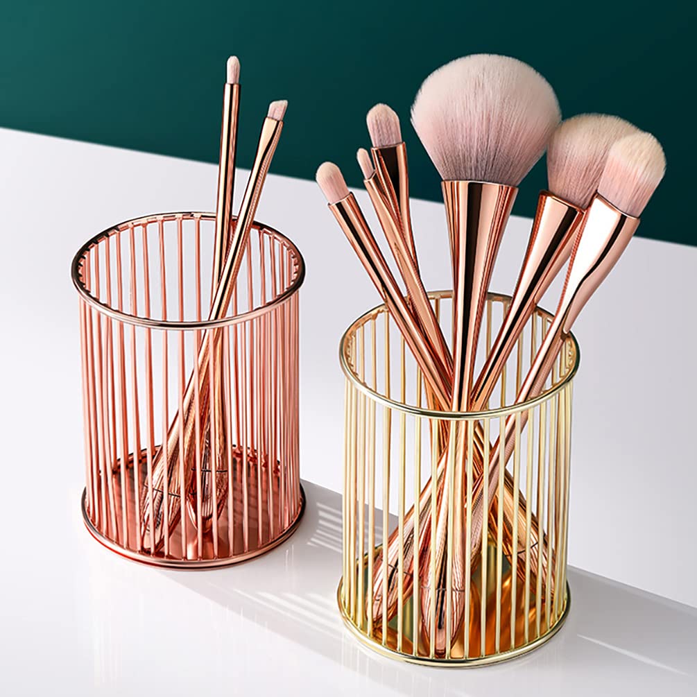 2-Pack Gold Iron Wire Pen Holder & Makeup Brush Organizer - Stylish Mesh Desk Organizer for Office, Home, or Vanity - Perfect for Pens, Styluses, Cosmetics & Art Supplies
