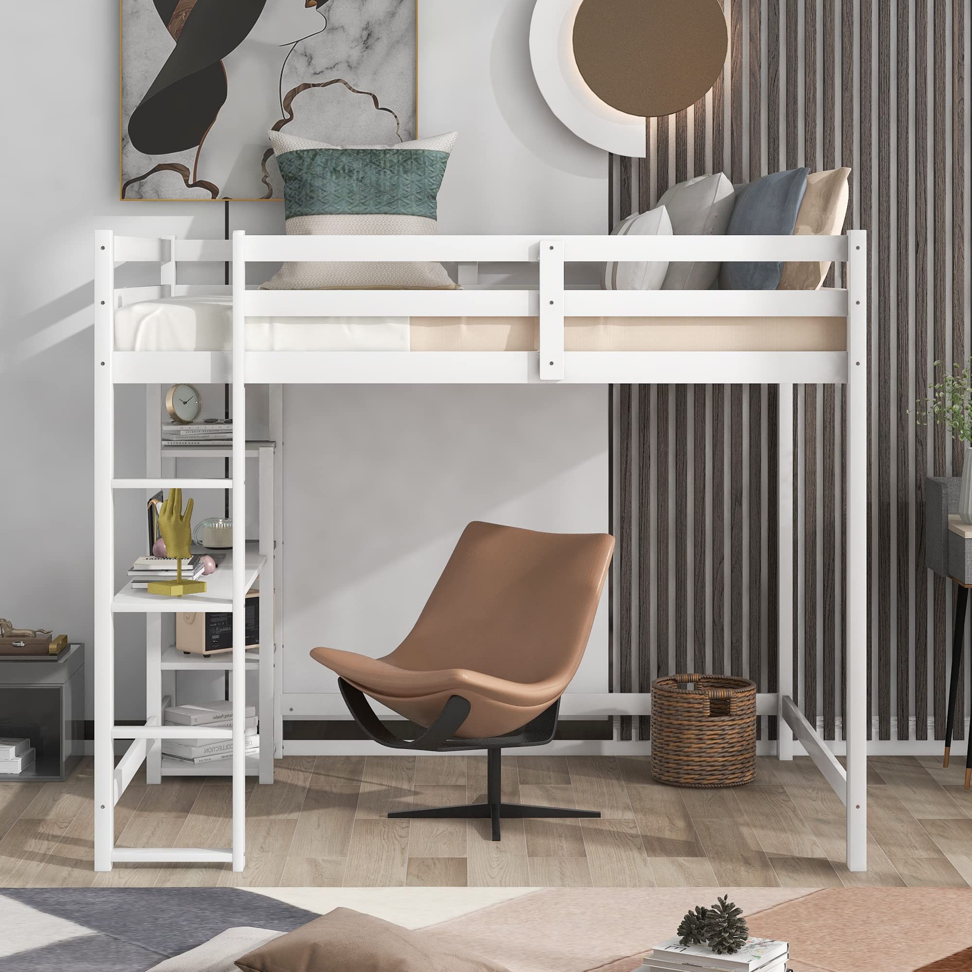 SOFTSEA Full Size Loft Bed with Storage Shelves & Under Bed Desk - Solid Wood Space Saving Bed Frame for Kids, Teens & Juniors - Perfect for Small Bedrooms, Dorms & Studio Apartments (White)