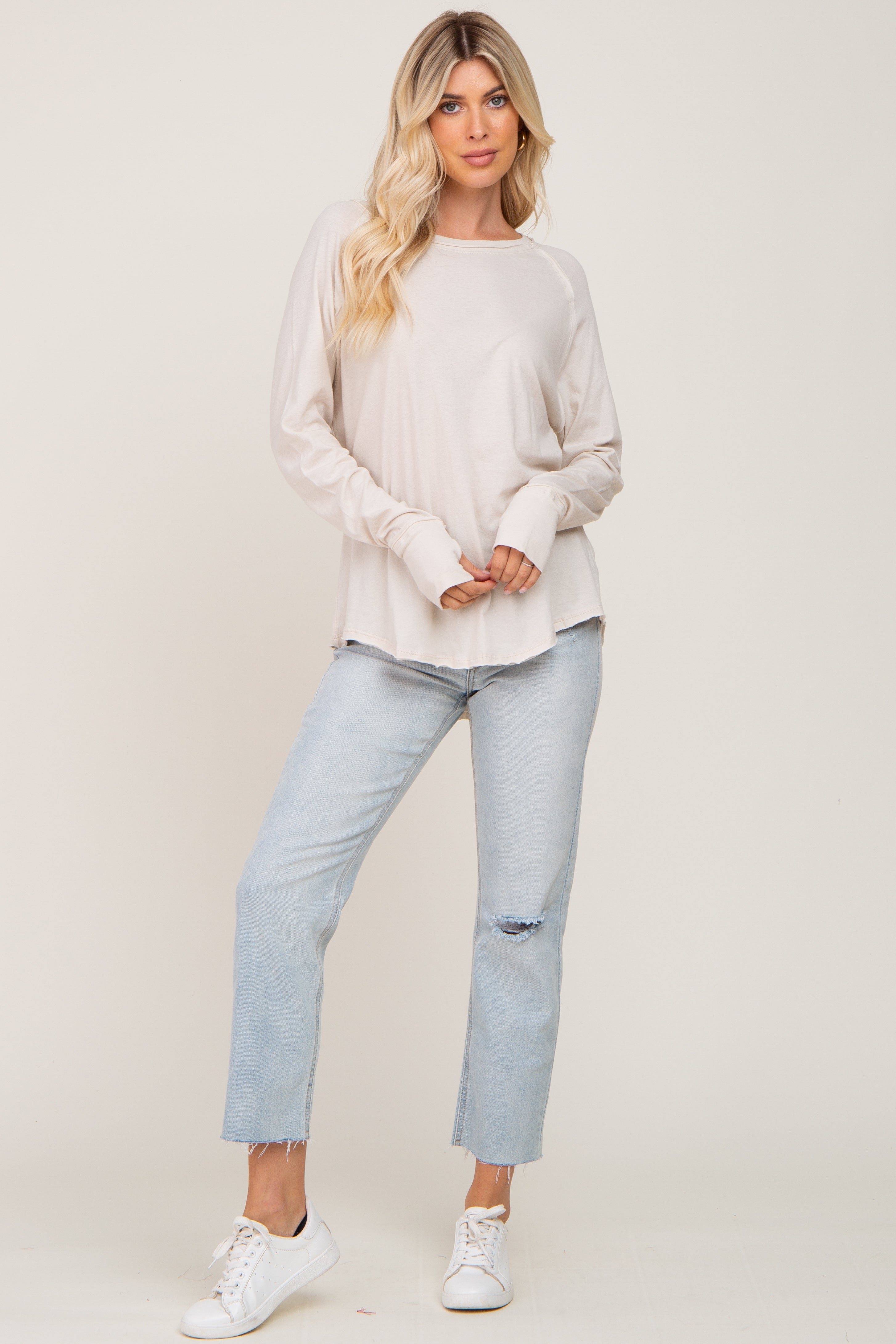 Distressed Beige Long Sleeve Seam Top for Women - Vintage Style Casual Blouse for Everyday Wear, Date Night & Office Outfits