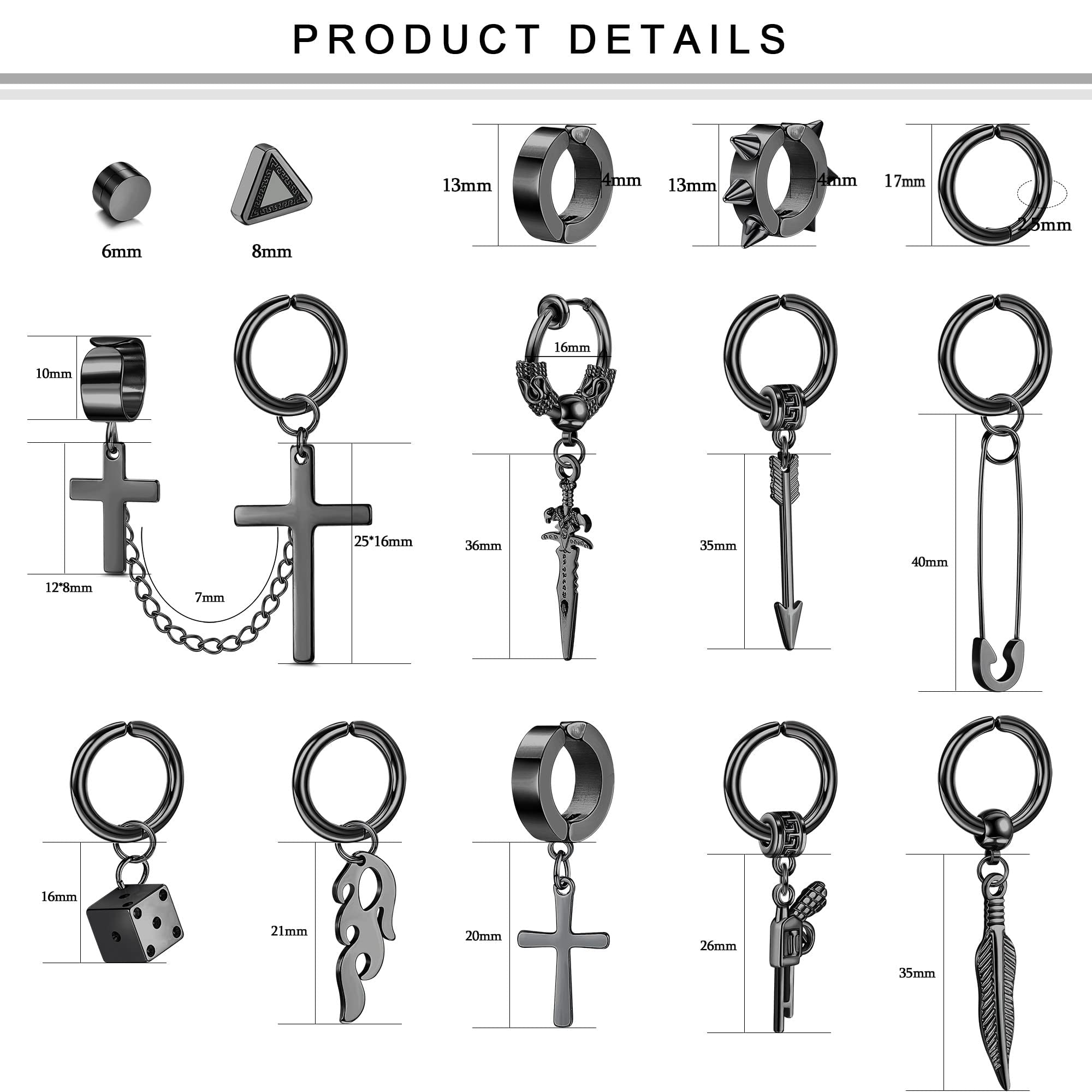 22Pcs Stainless Steel Clip On Earrings for Men & Women - Cross Chain Pendant Non-Piercing Huggie Hoop Set | Black Fake Earrings for Everyday Wear, Parties & Gifts