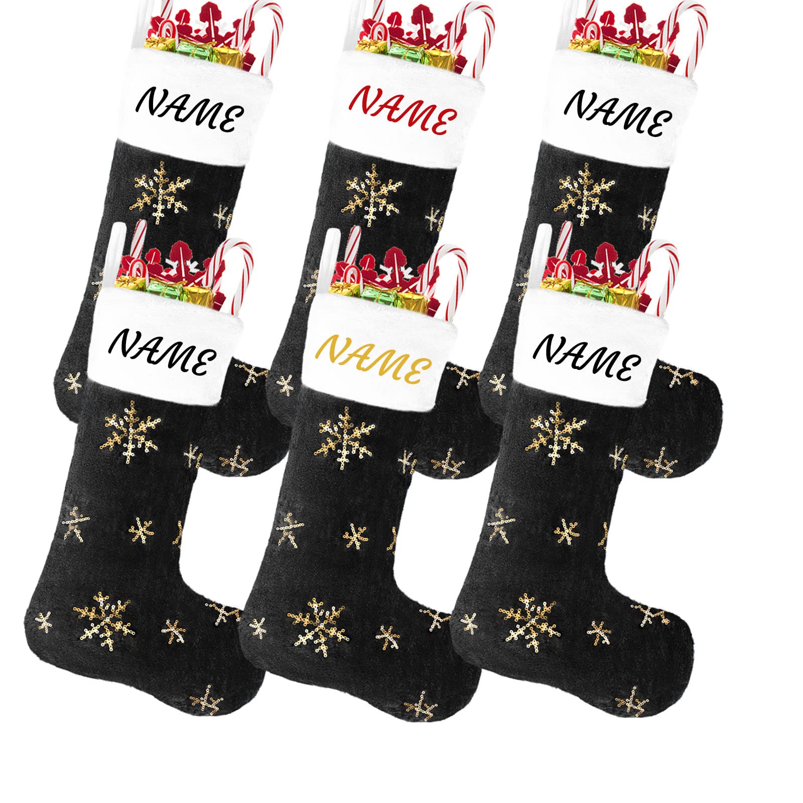 6 Pack Personalized Plush Christmas Stockings 22 Inches - Black Faux Fur Holiday Hanging Stockings with Gold Sequin Snowflakes Decor for Fireplace, Xmas Tree, Mantel & Home Decor (56cm) - Perfect for Family Gift Exchange & Cozy Winter Celebrations