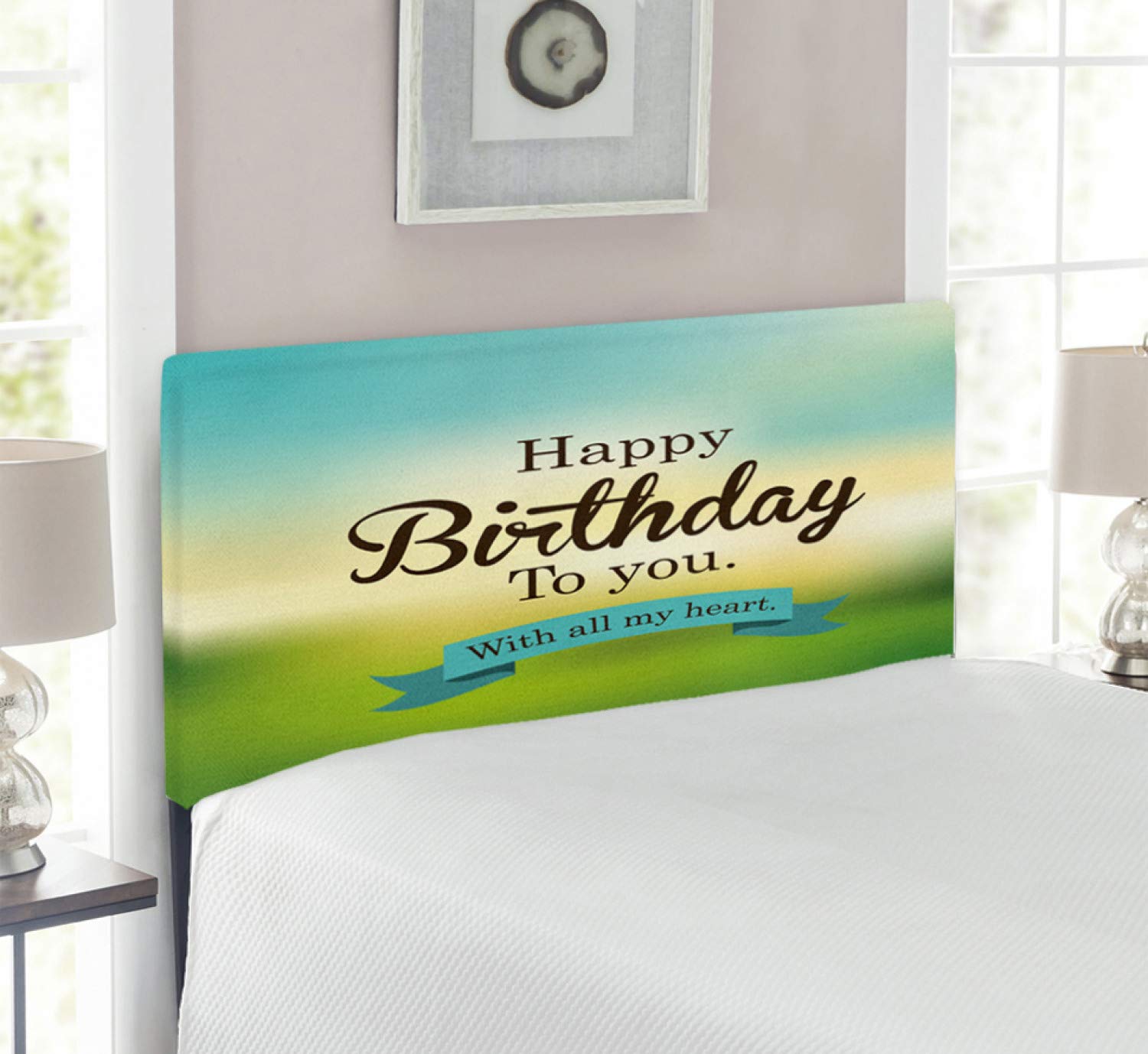 Ambesonne Twin Size Upholstered Metal Bed Headboard with Memory Foam - Birthday Celebration Theme with Sincere Greeting Message on Blurred Background in Turquoise Green & Yellow | Perfect for Bedroom Decor, Guest Rooms & Birthday Gift Ideas