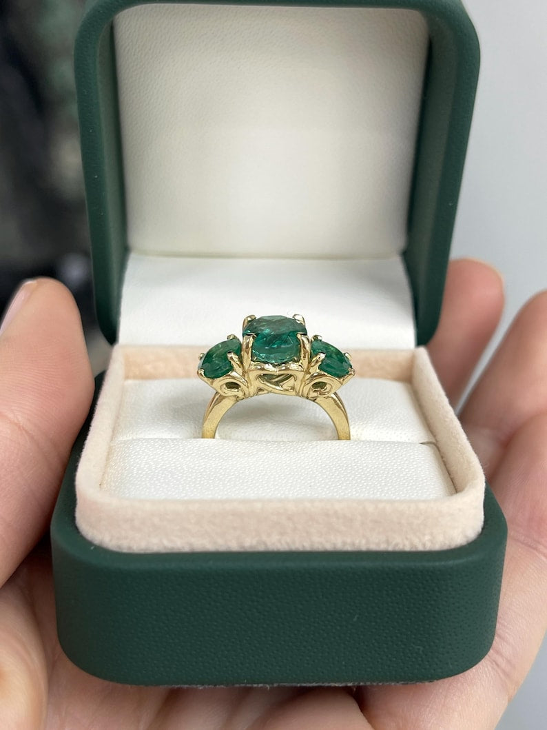 4.86tcw Natural Emerald Oval Three Stone Engagement Ring 14K Solid Gold for Anniversary, Wedding, Proposal - Perfect Gift for Her