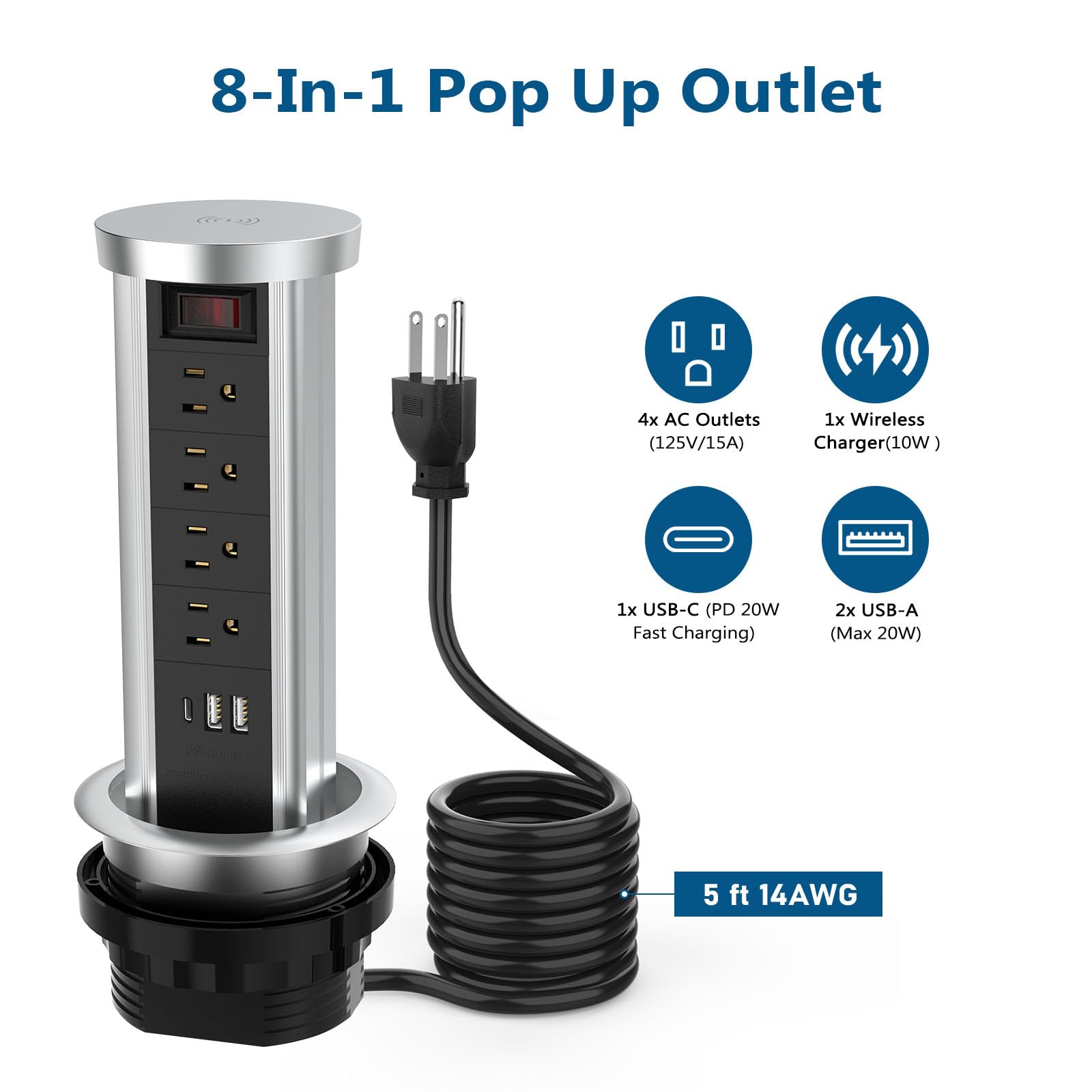 BTU Pop Up Outlet for Countertop - 4 AC Outlets & USB C Power Strip with 10W Wireless Charger | Recessed Power Socket for Kitchen, Conference Room & Office Workspace