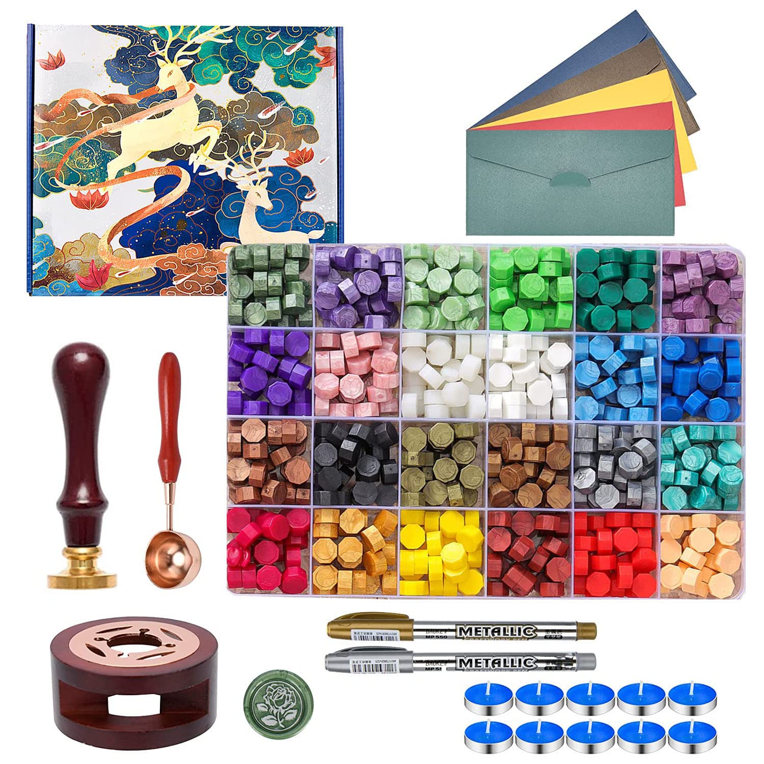 Premium Wax Seal Stamp Kit - 630 Pcs Wax Beads with Elegant Gift Box, Sealing Wax Stamp Set, Wax Warmer, Envelopes & Metallic Pens - Perfect for Wedding Invitations, DIY Crafts, Gift Wrapping & Vintage Letter Decorations