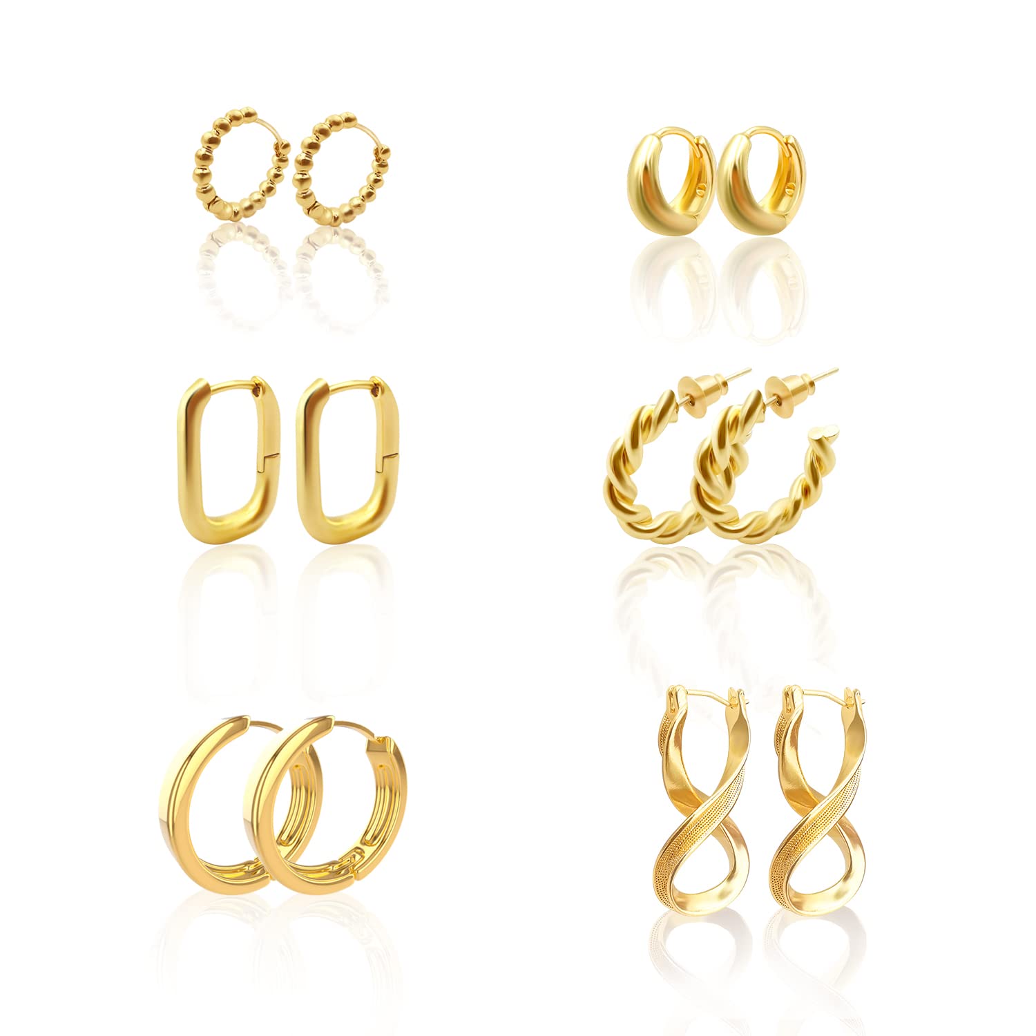 6 Pairs 14K Gold Plated Chunky Twisted Hoop Earrings for Women - Trendy Huggie Hoops Set, Perfect Gift for Girls | Everyday Wear, Parties & Special Occasions