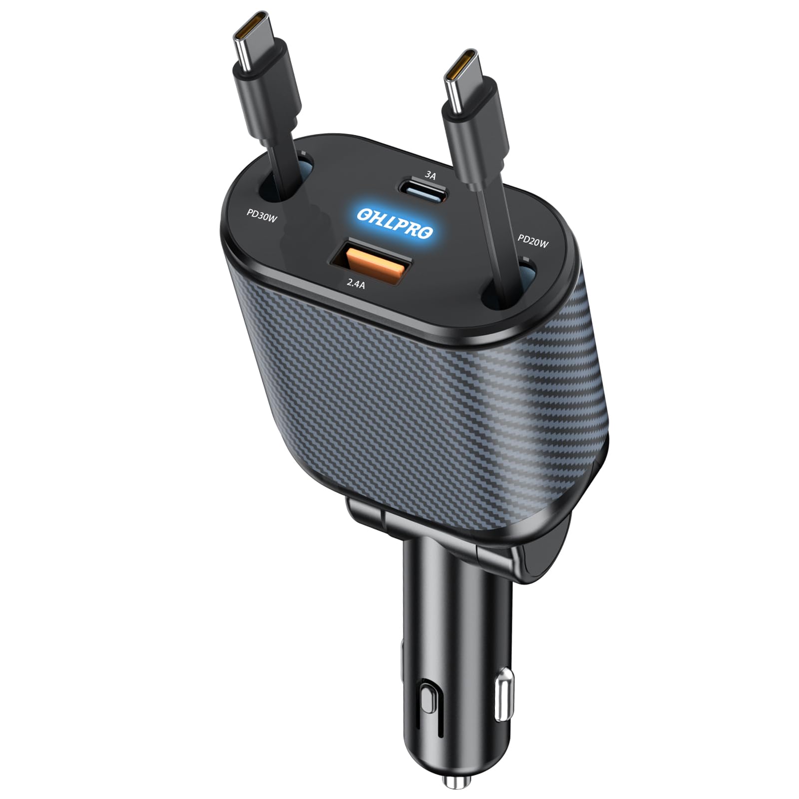 OHLPRO Retractable Car Charger, 4-in-1 Cigarette Lighter Fast Charger with USB-C & 2 Type-C Cables - Compatible with iPhone 16/15 Series & Galaxy Tab - Perfect for Road Trips & Daily Commute