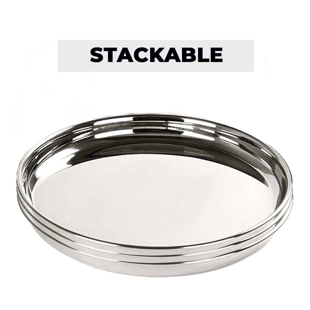 Kuber Industries Stainless Steel Dinner Plate Set - 4 Pack | Durable, Scratch-Resistant & Easy to Clean | Blunt Edges & Deep Base Design | Perfect for Home, Restaurant, Camping & Outdoor Dining
