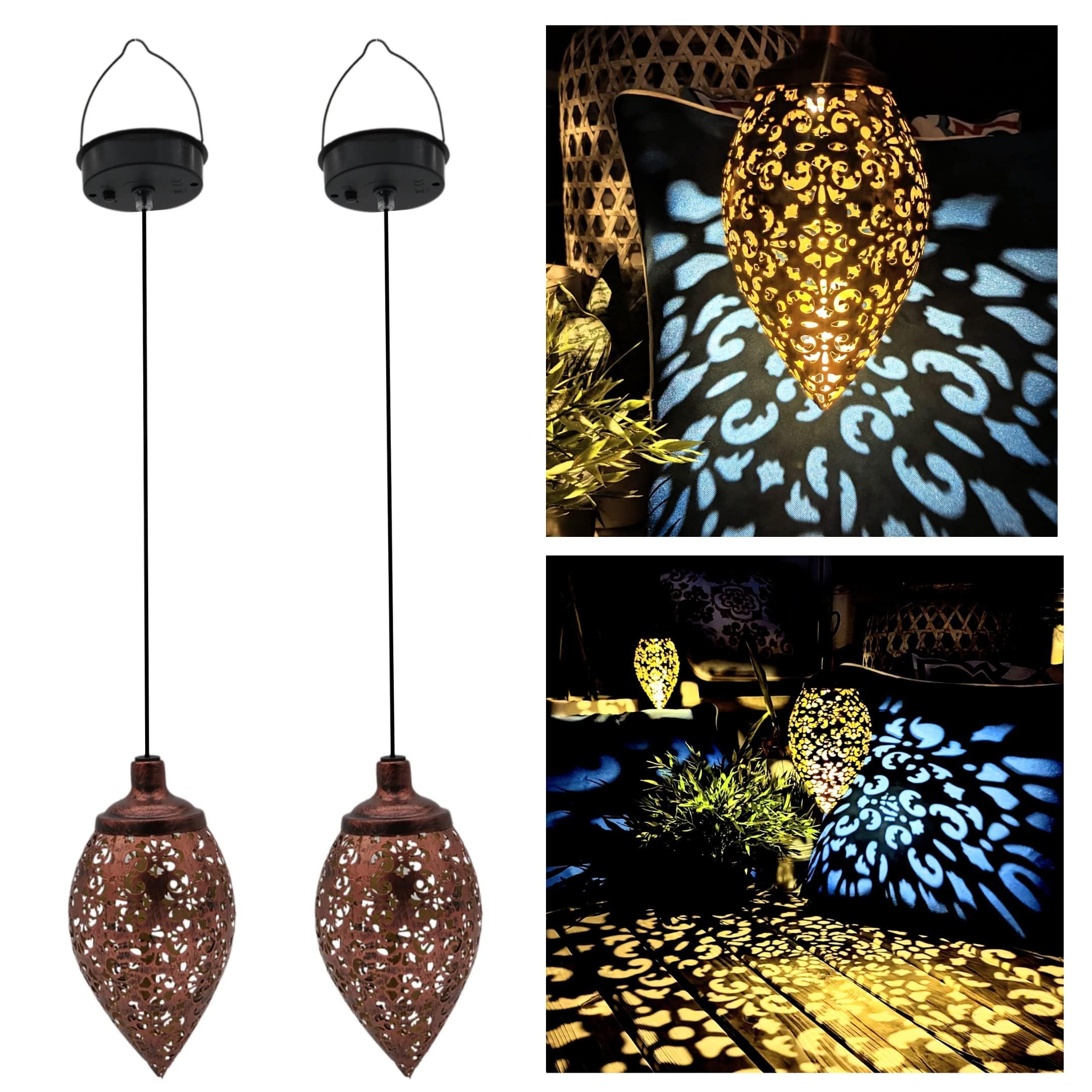 Solar Hanging Lanterns Set of 2 - Moroccan Style Rechargeable Outdoor Lights for Garden, Party, Front Porch, Patio, Yard, and Pathway Decoration