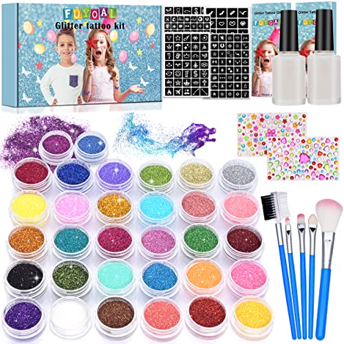 Glitter Tattoo Kit for Kids - Temporary Body Art Stickers with Safe Non-Toxic Glue, DIY Arts and Crafts Gift Set for Girls & Boys Ages 3-12 - Perfect for Birthday Parties, Halloween Costumes, Christmas Stocking Stuffers & Festival Accessories
