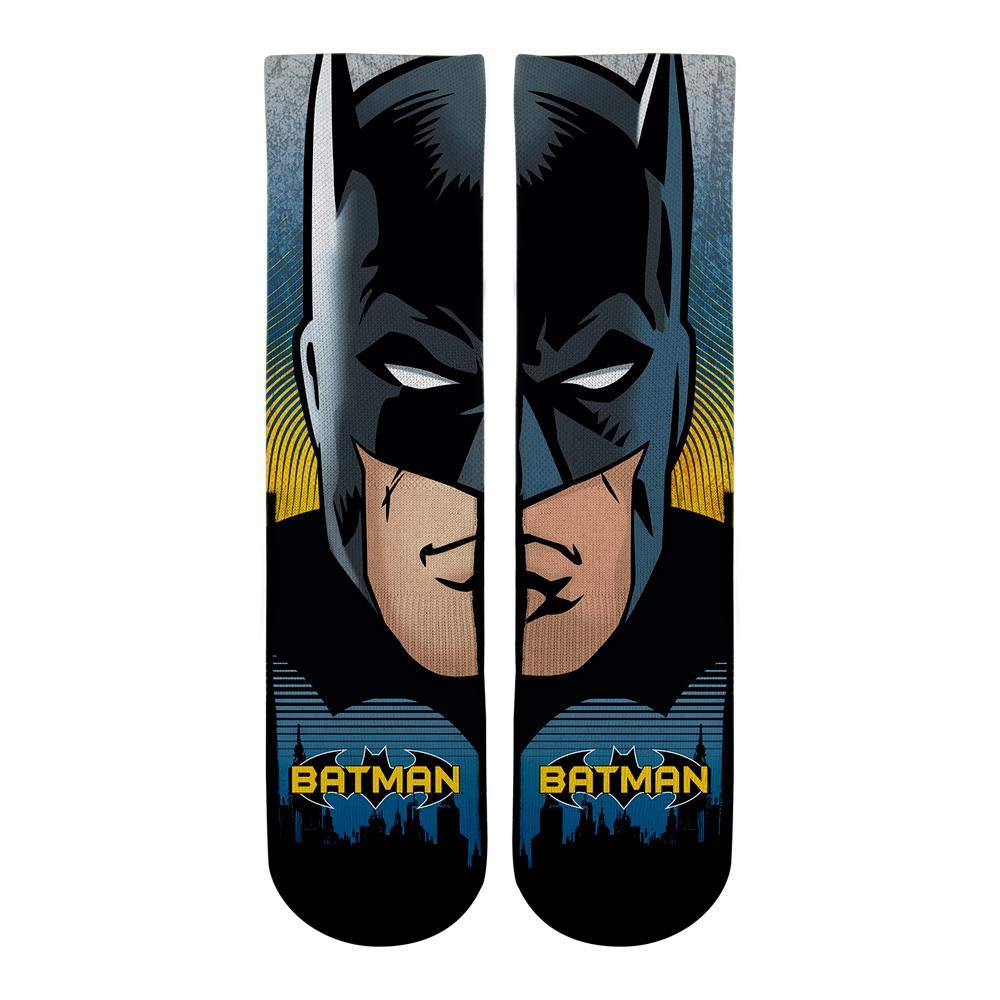 DC Comics Superhero Split Face Socks - Batman, Superman & Joker Character Designs - Novelty Crew Socks for Cosplay, Gifts & Comic Conventions