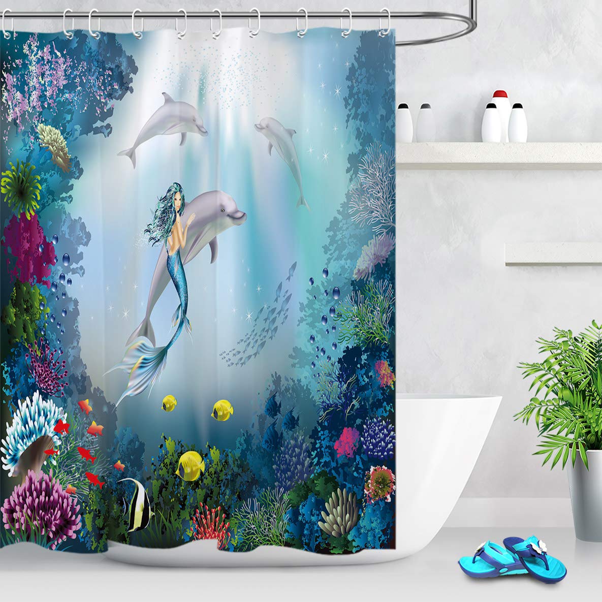 ECOTOB Dolphin and Mermaid Shower Curtain - Waterproof Bathroom Decor with Ocean Theme, Underwater World Coral Reefs & Tropical Fish Design - 60x72 Inch Fabric Bath Curtain with Hooks - Perfect for Kids' Bathrooms, Beach House Decor or Nautical Themed Spaces