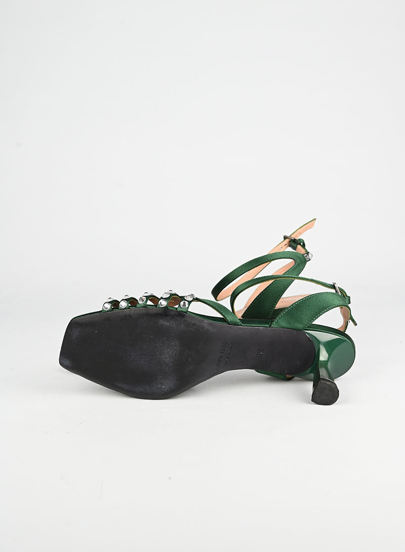 Alberta Ferretti Green Satin Sandals Size 38 | Elegant Women's Dress Sandals for Weddings & Evening Events