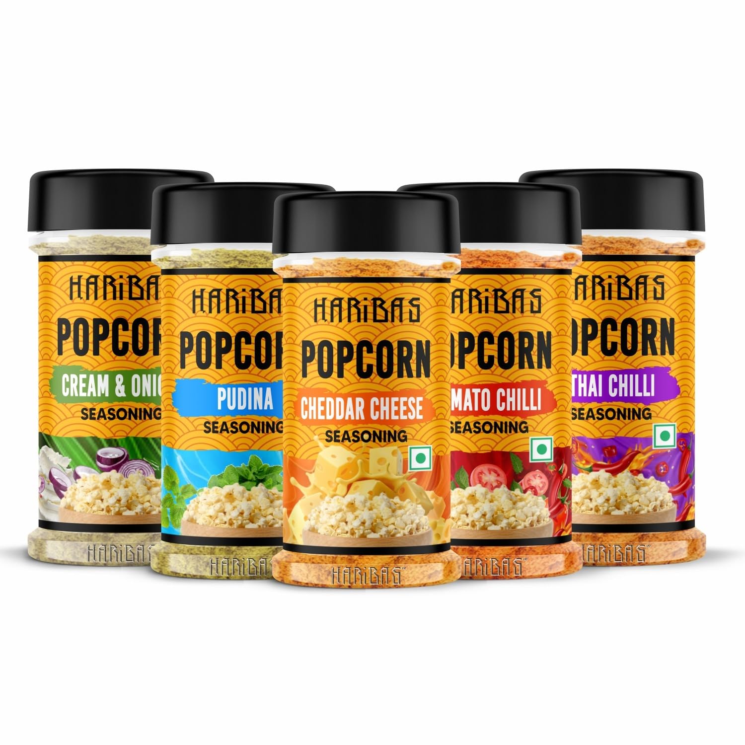 HARIBAS 5-Pack Popcorn Seasoning Powder Variety Set - Cheddar Cheese, Cream Butter & Onion, Tomato Chili, Thai, Pudina (50g Each) | Sprinkle on Popcorn, Nachos, French Fries, Maggie Noodles | Perfect for Movie Nights, Parties & Snack Time