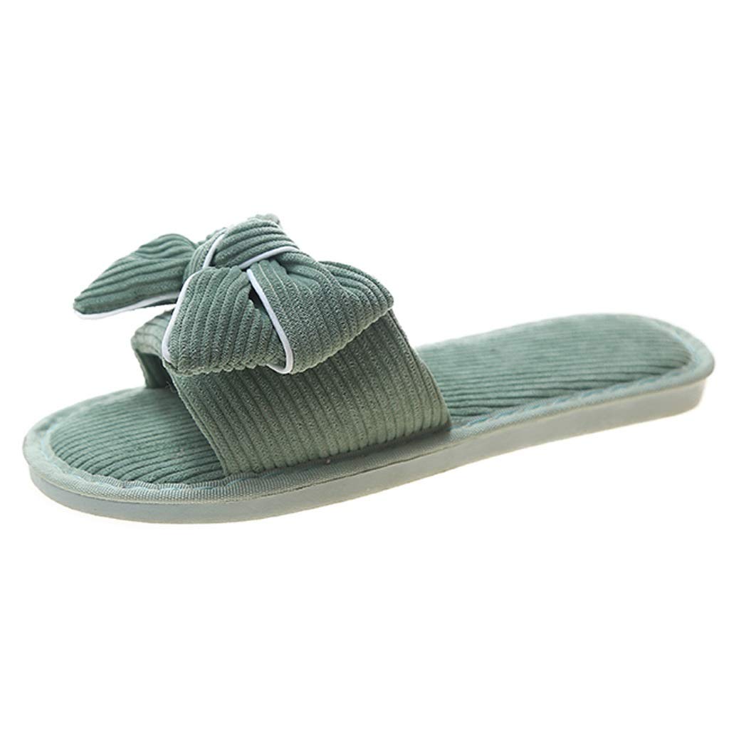 Butterfly Knot Corduroy Non-Slip Women's Indoor Slippers - Comfortable Flat House Shoes for Spring & Autumn - Green Size 36 - Perfect for Living Room, Bedroom & Cozy Home Relaxation