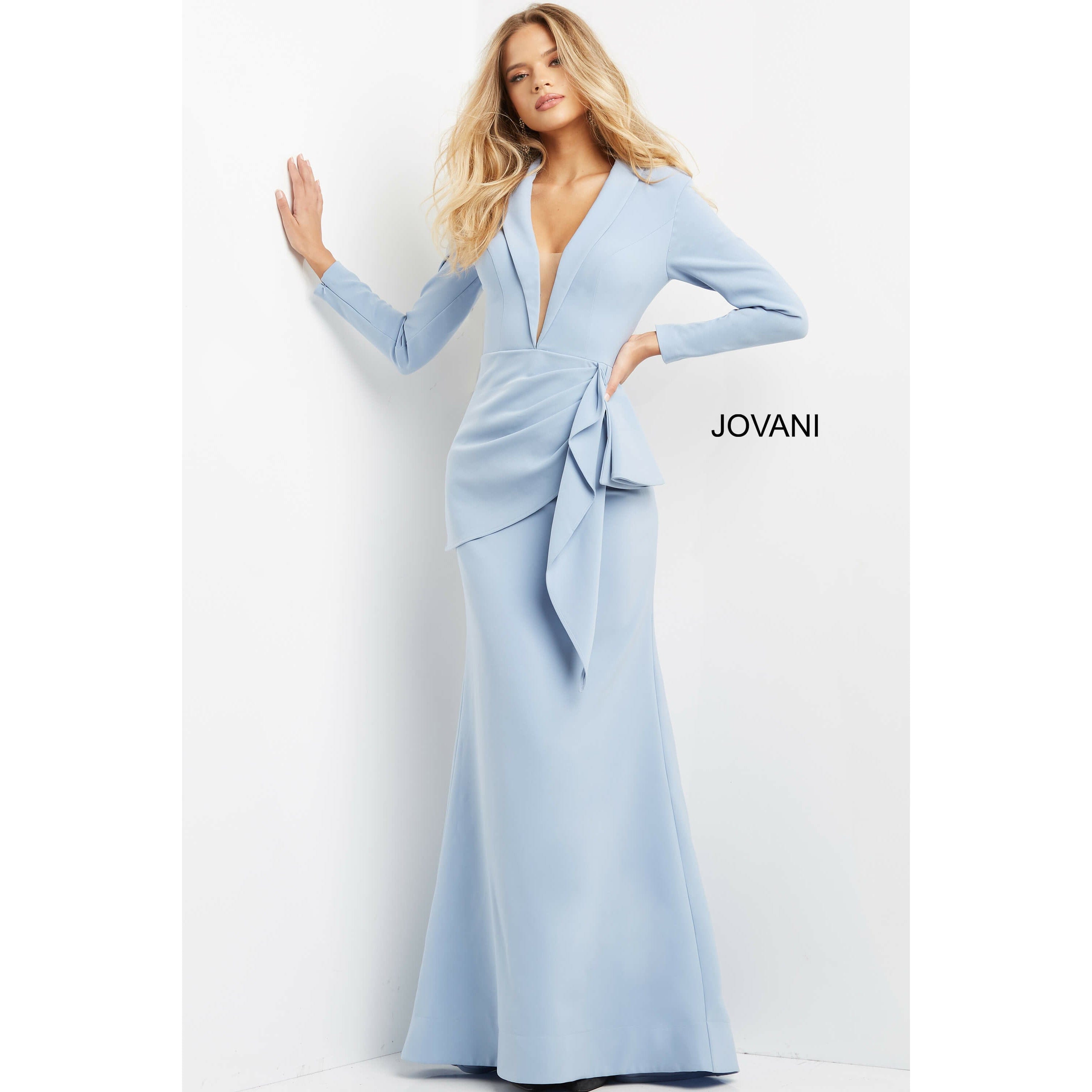 Jovani 07242 Light Blue Low V-Neck Fitted Evening Dress for Prom, Homecoming & Formal Events | Elegant Bodycon Gown for Women