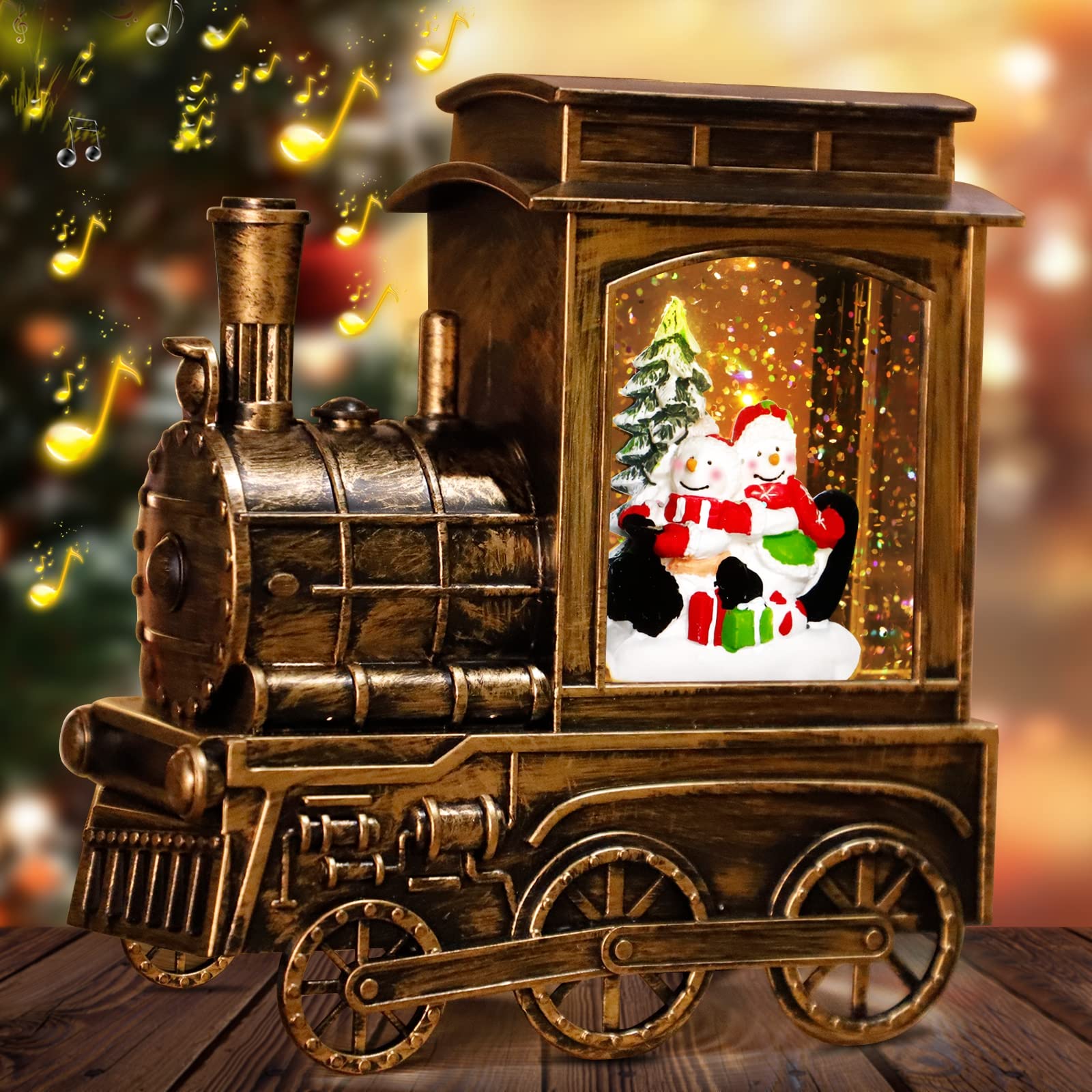 Christmas Snow Globe with Train, Music, Lights & Timer - 8 Holiday Songs, 2 Snowman Sledding Scene, Glittering Snow Globe Decor for Office & Home - Perfect Xmas Gift for Kids & Adults (Great for Mantel Decor, Holiday Parties & Festive Gift Exchanges)