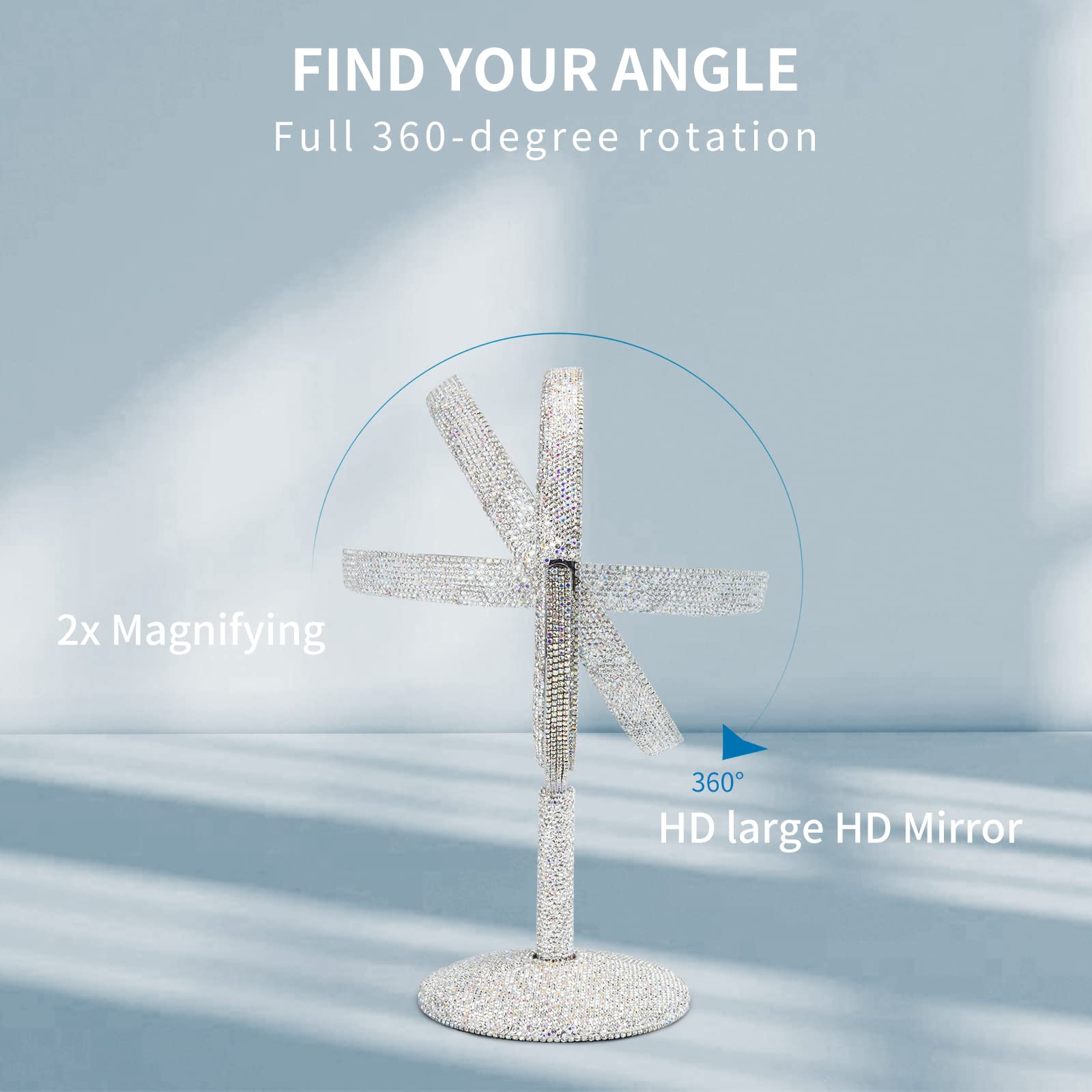 KEYPOWER Bling Rhinestone Vanity Mirror - Round Double-Sided Cosmetic Mirror with Stand, Glitter Movable Desk & Tabletop Mirror for Bathroom, Bedroom, Makeup Station (White) - Perfect for Makeup Application, Skincare Routine & Home Decor