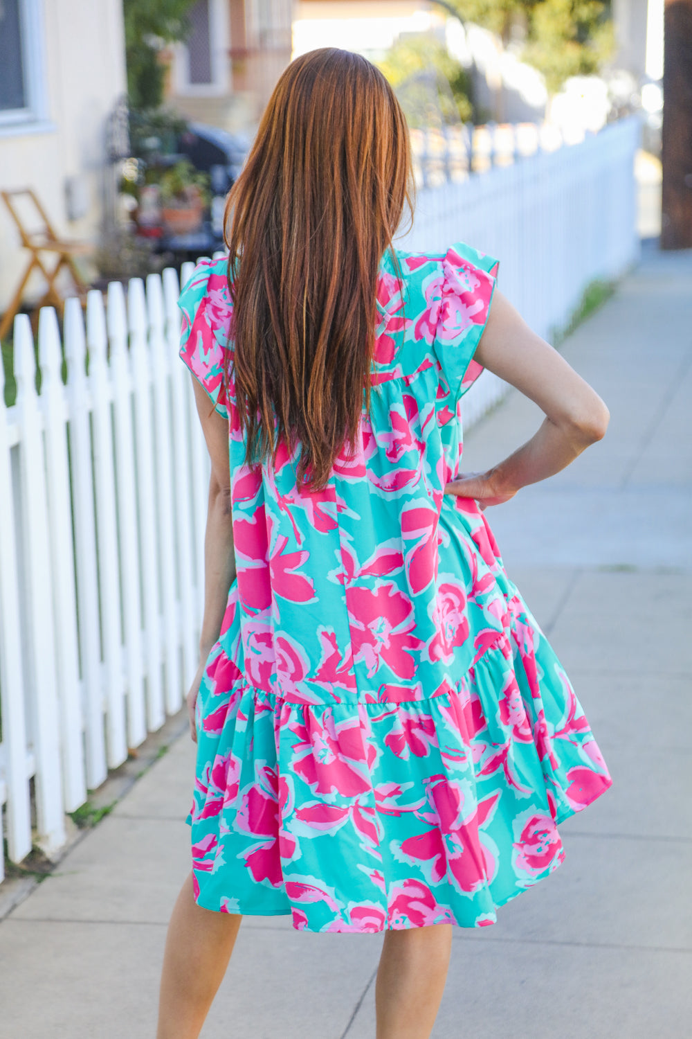 Diva Dreaming Aqua Floral Print Tiered Ruffle Sleeve Dress for Women - Elegant Summer Party Dress for Weddings, Garden Parties & Date Nights
