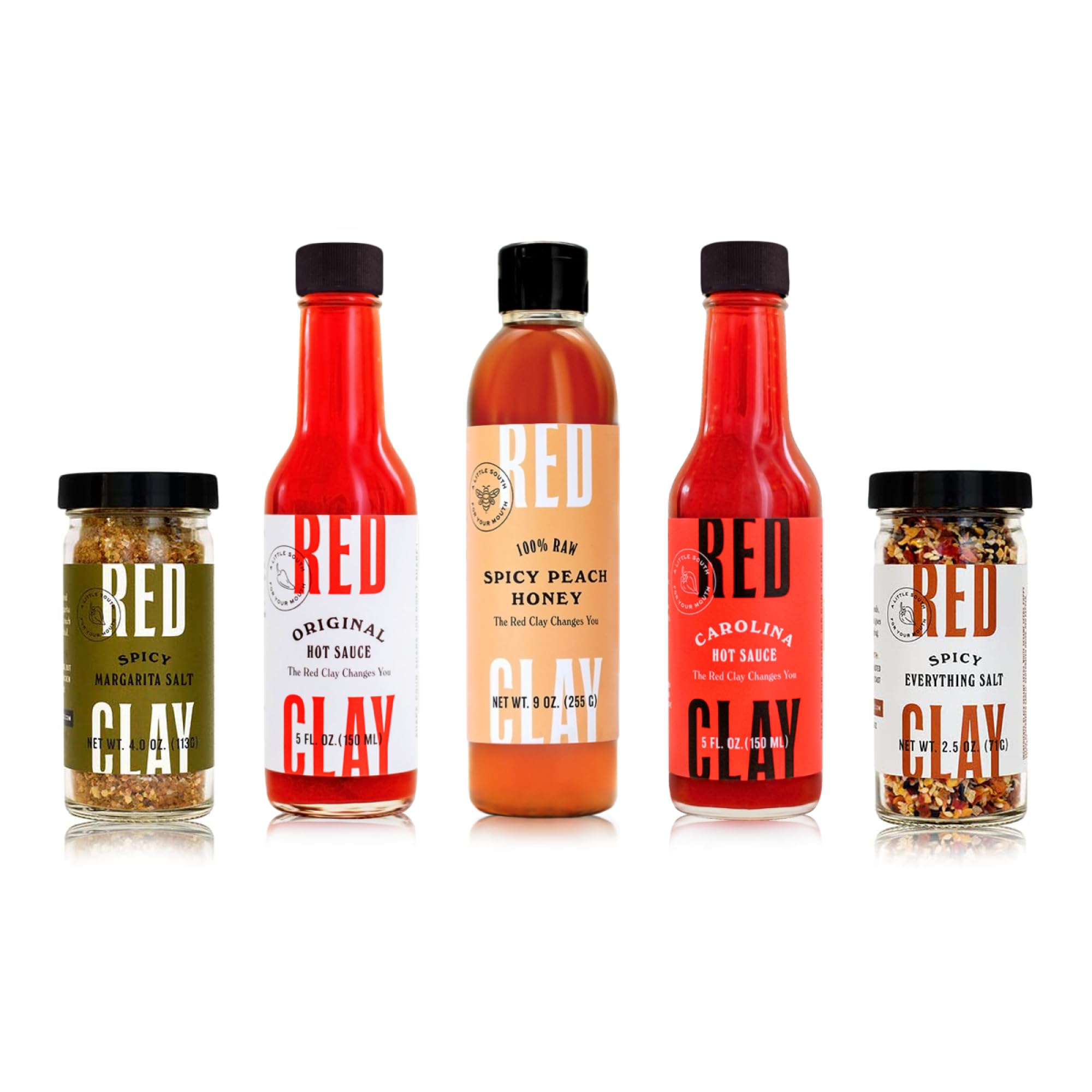 Red Clay Hot Sauce & Hot Honey Variety Pack – Original, Carolina Hot, Verde, Hot Honey & Southern Honey | Cold-Pressed, Fermented, Barrel-Aged Gourmet Hot Sauces | 100% Raw Natural Honey | 5-Pack Gift Set for BBQ, Wings, Pizza & Cocktails
