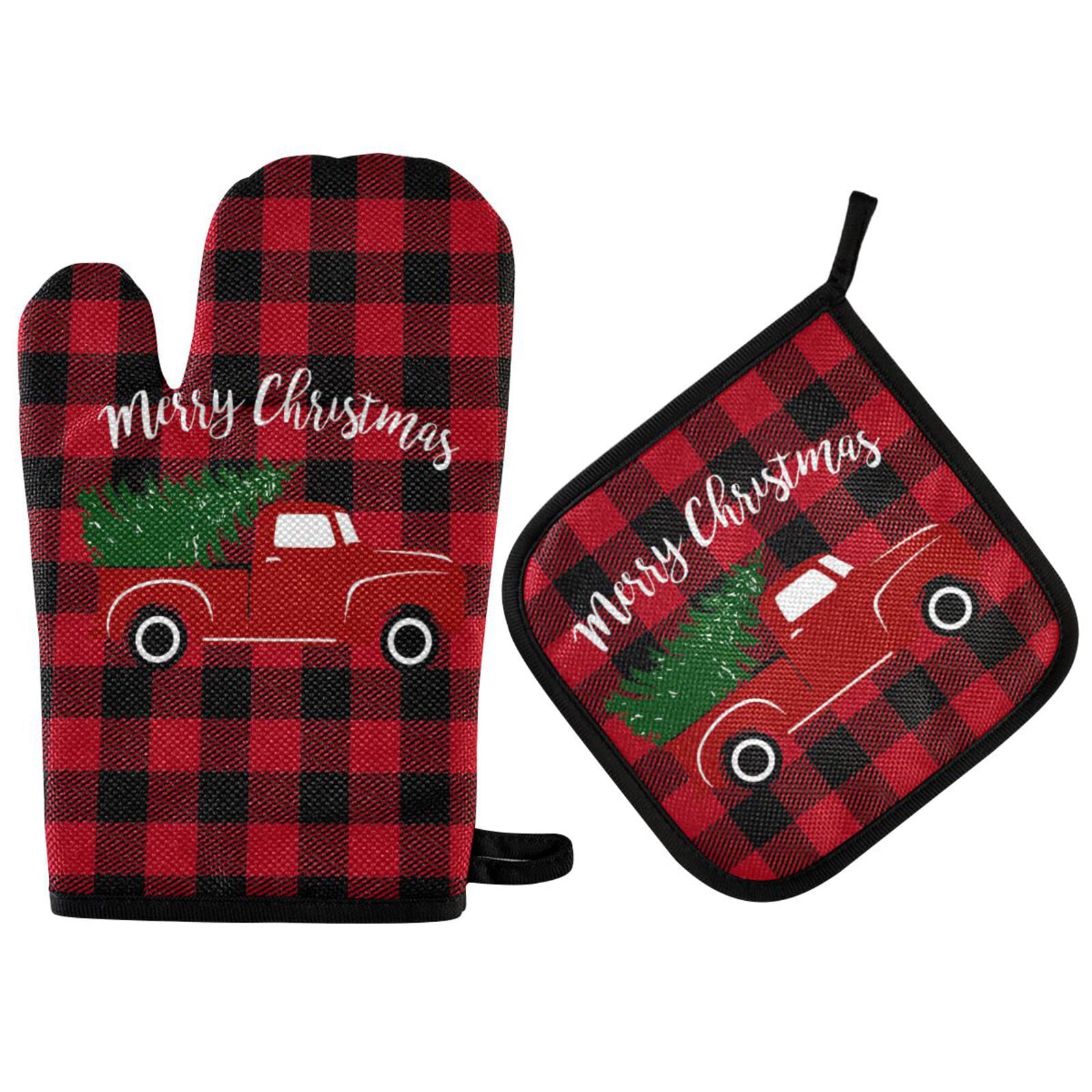 Festive Red Truck Buffalo Plaid Oven Mitts & Pot Holders Set - Heat Resistant, Non-Slip Christmas Kitchen Accessories for Cooking, Baking, BBQ - Perfect Holiday Gift & Cozy Winter Home Decor