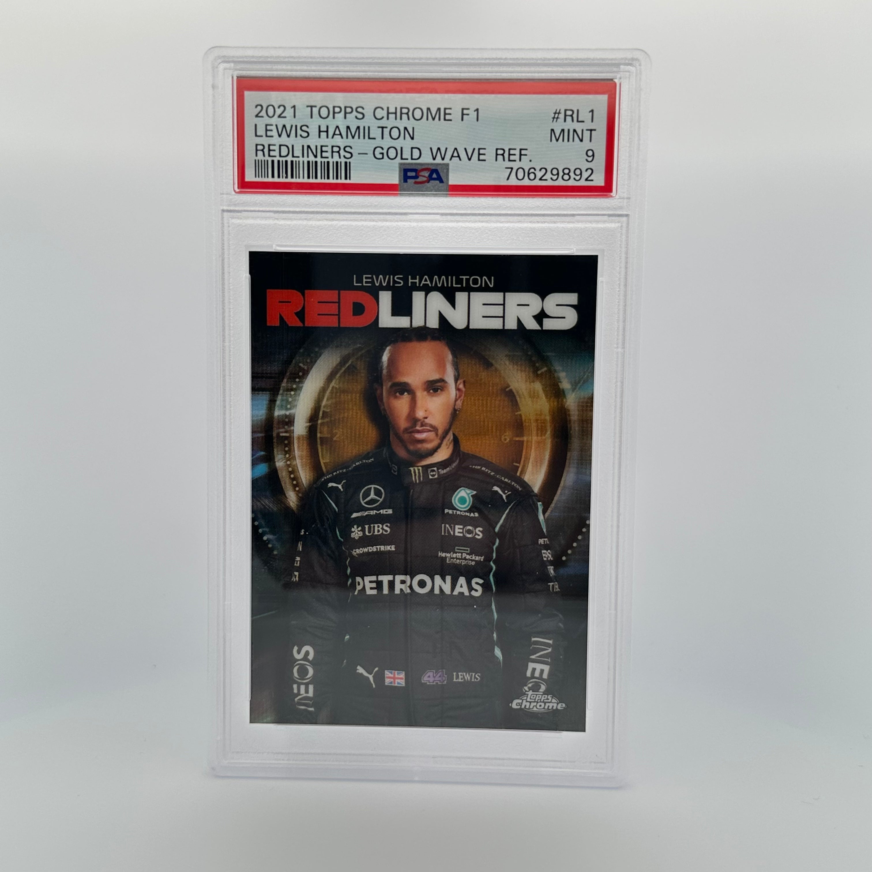 PSA 9 43/50 Lewis Hamilton #RL1 Redliners Gold Wave Refractor - Rare F1 Racing Card for Collectors & Fans, Perfect for Display & Investment