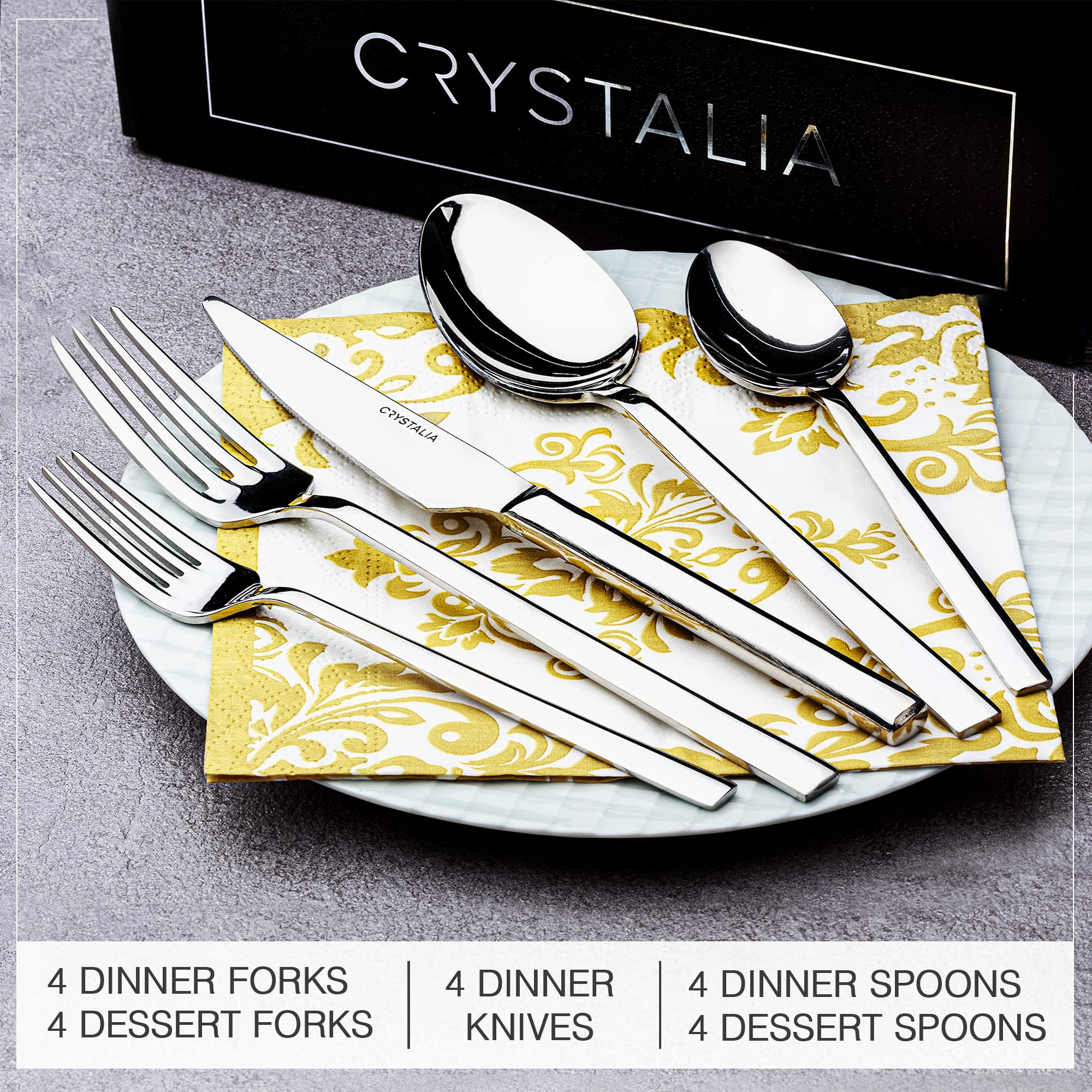 Crystalia 20-Piece Stainless Steel Silverware Set - 18/10 Flatware Cutlery Set with Forks, Spoons & Knives - Elegant Dinnerware for 4 People - Perfect for Home Dining, Restaurant Use & Kitchen Serving (Vision)