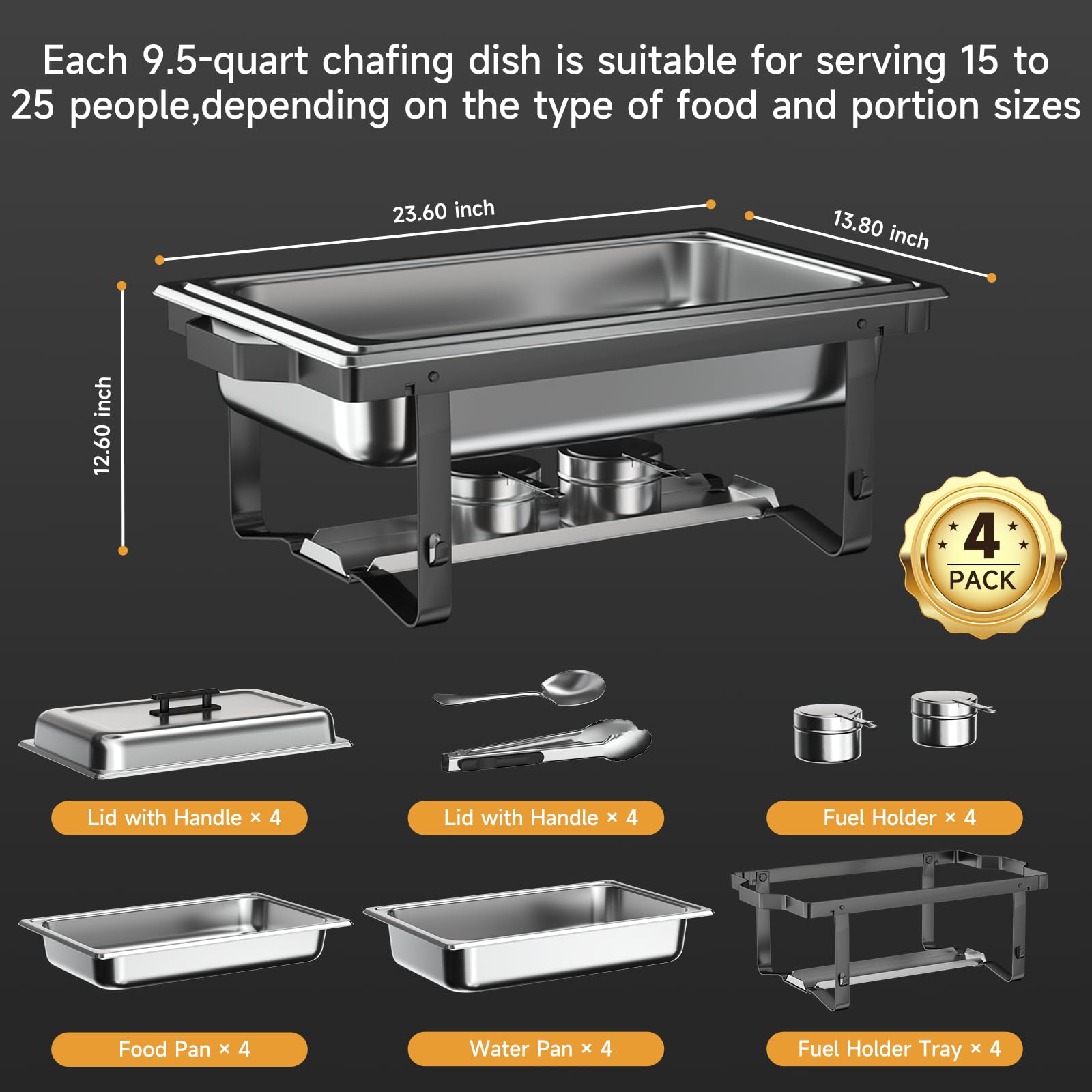 4-Pack 9.5QT Stainless Steel Chafing Dish Buffet Set with Gray Handles - Professional Catering & Buffet Serving Equipment for Parties, Weddings, and Events (Black)