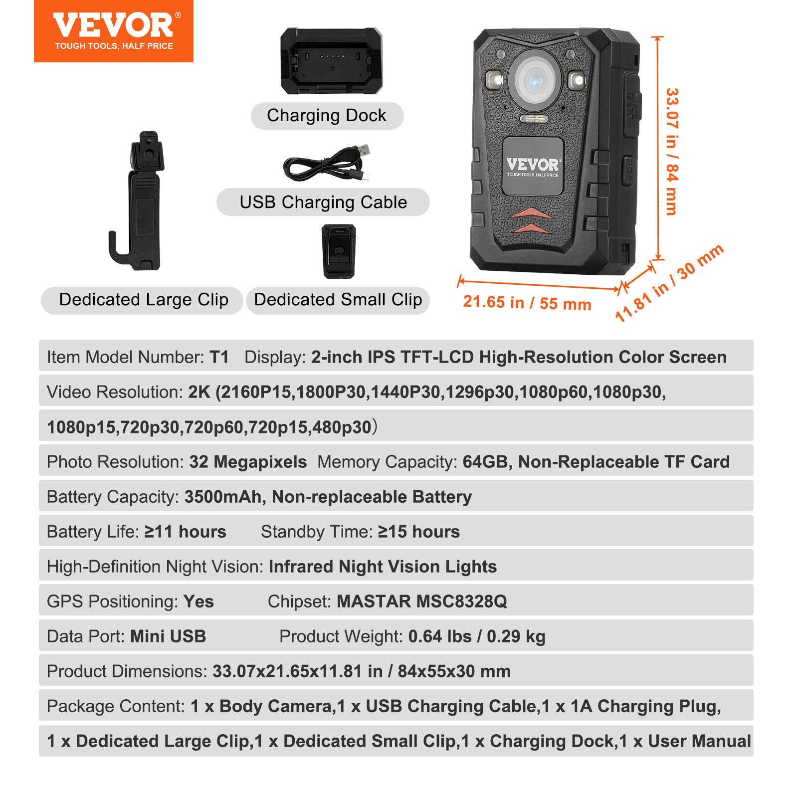 VEVOR 1440P HD Police Body Camera with Audio Video Recording, 64GB Storage, 3500mAh Battery, 2
