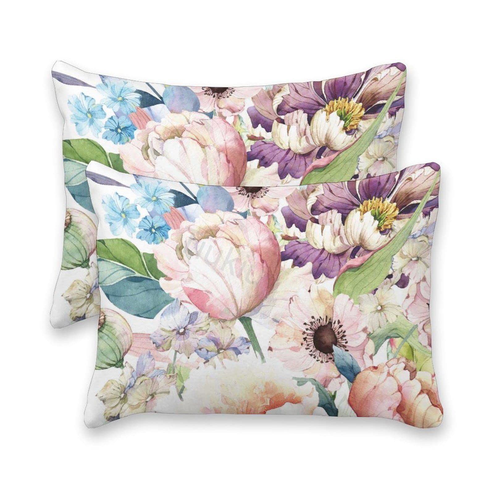 Decorative Lumbar Pillow Covers Set of 2 - Canvas Watercolor Floral Plant Print Rectangular Throw Pillow Cases (12x16 Inches) for Sofa, Couch, Bed & Living Room - Home Decor Accent Cushion Covers