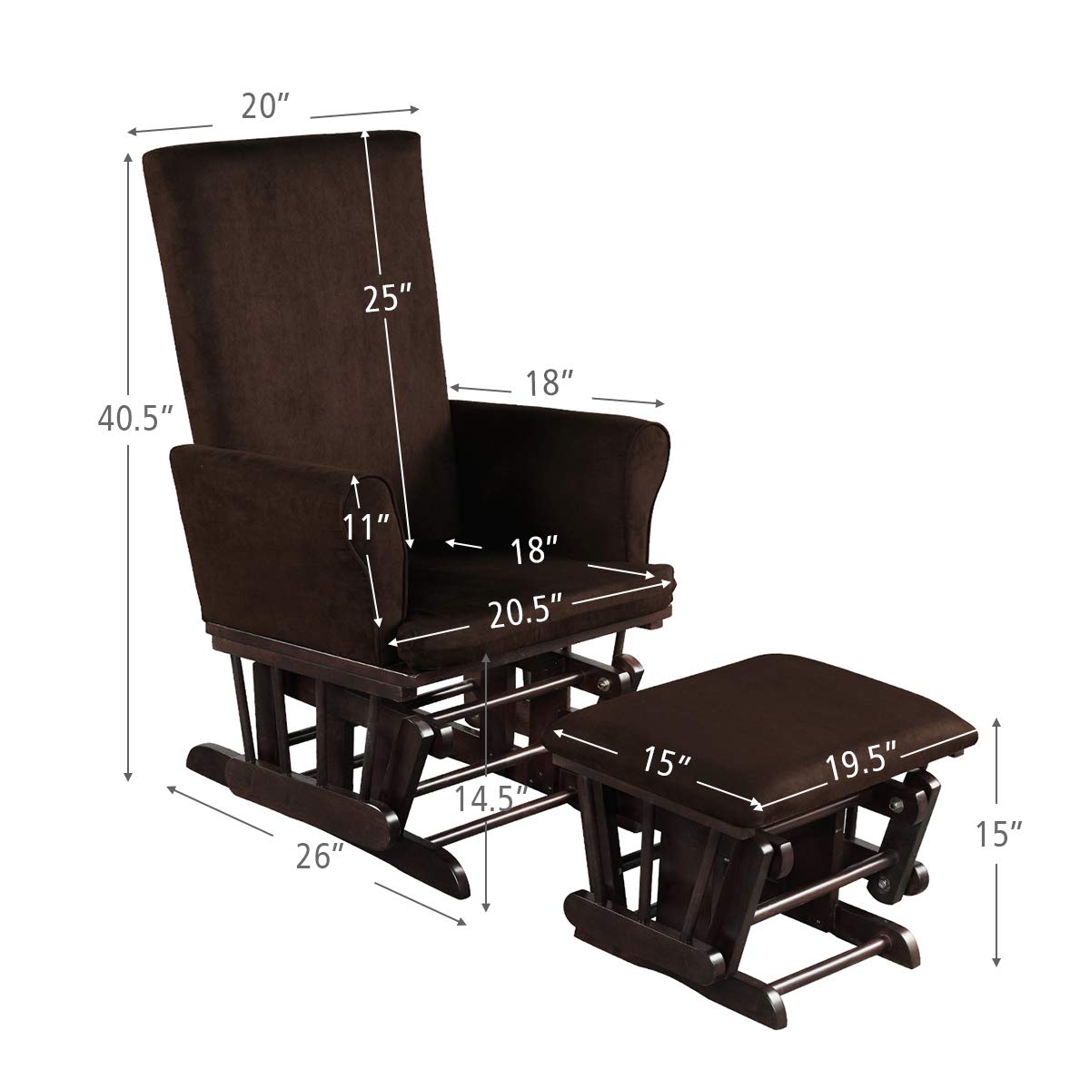 Costzon Baby Glider and Ottoman Set - Wooden Nursery Rocking Chair with Cushions for Nursing, Napping & Reading - Upholstered Hoop Glider with Padded Armrests & Matching Ottoman (Brown) - Perfect for Nursery Rooms, Bedrooms & Breastfeeding Spaces