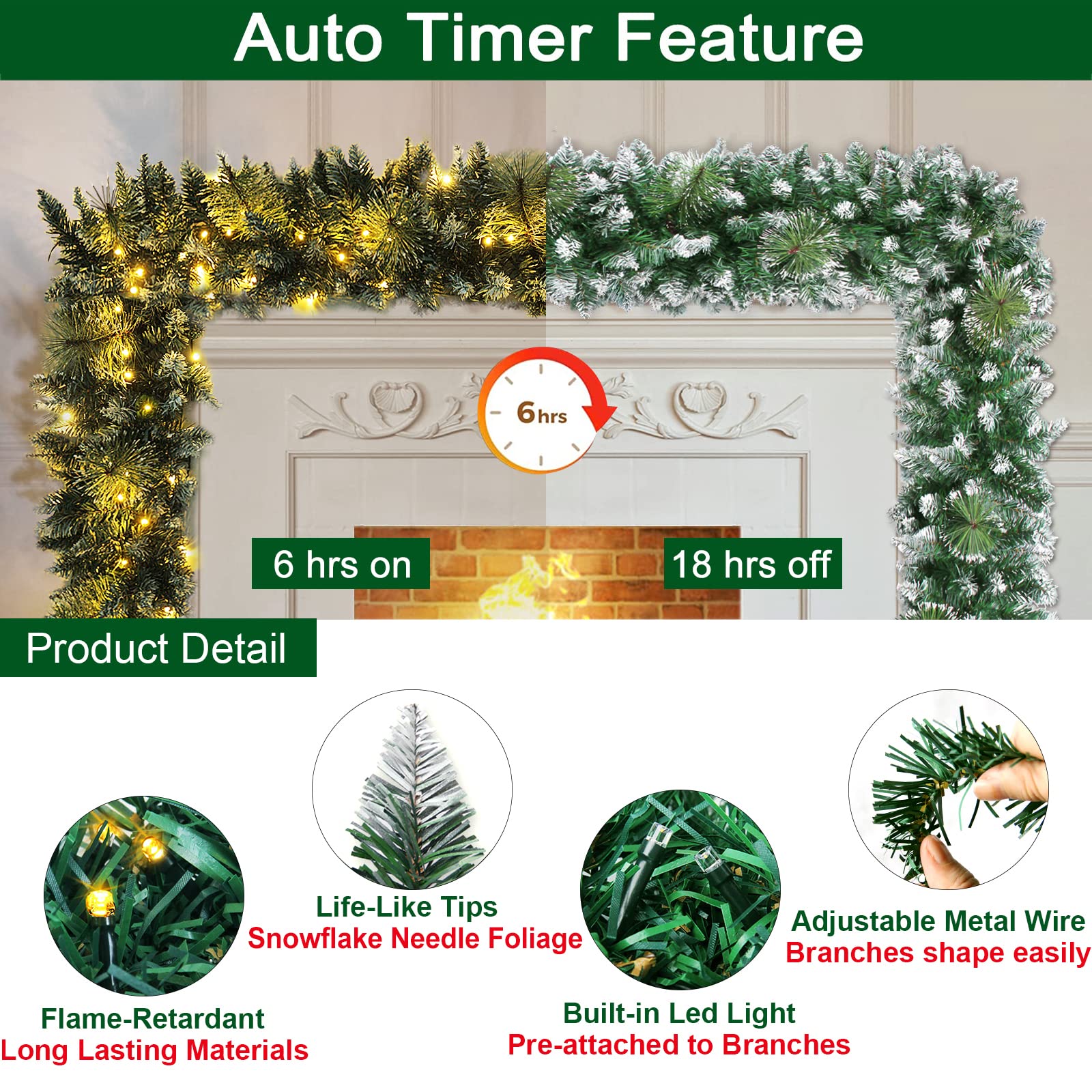 9FT Pre-Lit Christmas Garland with 100 Warm White LED Lights - Battery Operated Snowy Cedar Bristle Garland with Timer - Waterproof Outdoor Christmas Decor for Mantle, Staircase & Holiday Parties