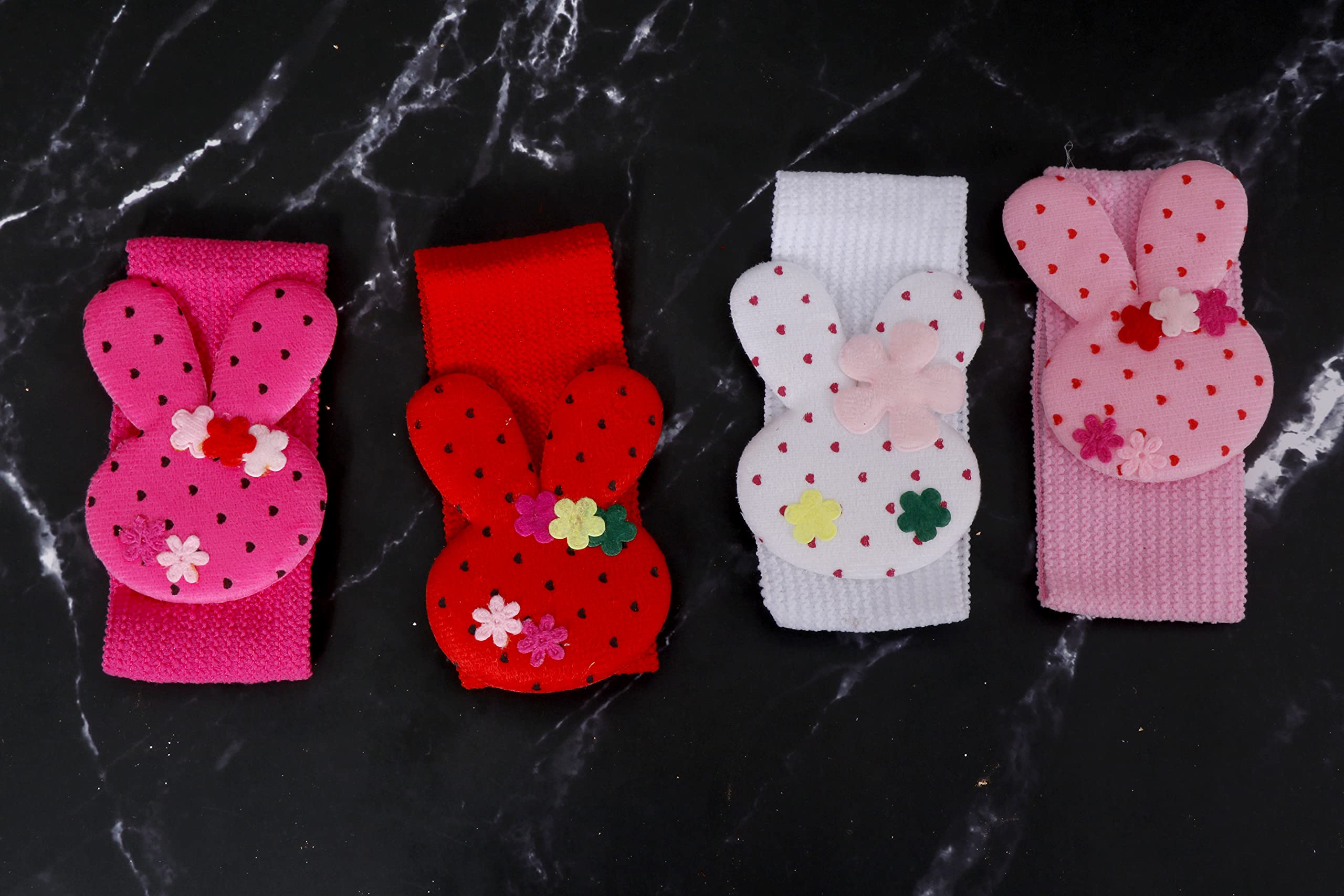 Navjai Rabbit Hair Bands for Girls - 4 Pcs Soft Stretchy Elastic Headbands with Heart & Flower Prints, Cute Bow Knot Hair Accessories Set for Infants & Kids - Perfect for School, Parties & Daily Wear