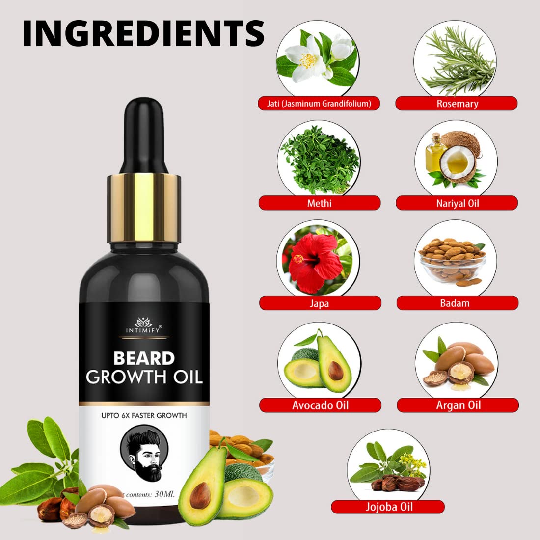 INTIMIFY Beard Growth Oil for Men - Natural Mustache & Beard Enhancer with Almond, Avocado, Argan & Jojoba Oils (30ml) - Promotes Thicker, Fuller Facial Hair Growth - Perfect for Daily Grooming & Styling Routine
